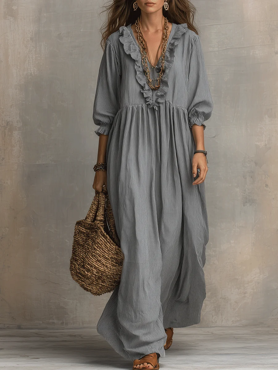 Women's Striped Art Print Casual Stylish Ruffled Vacation Maxi Dress-ZierMode
