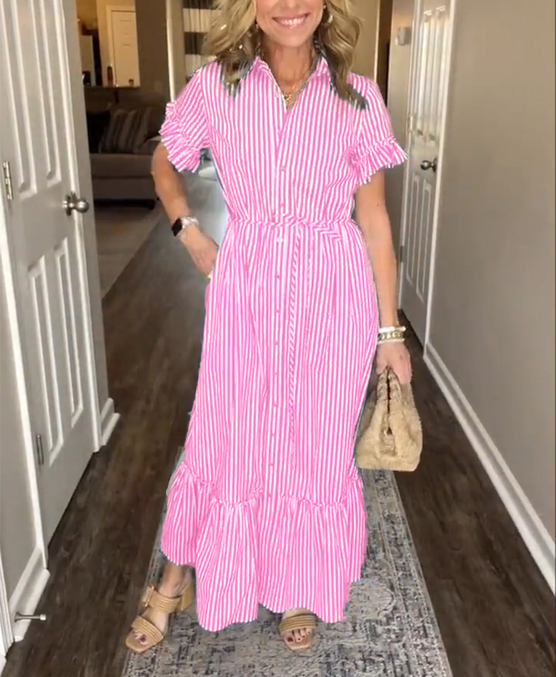 NEW🔥Striped Cotton Lapel Button Shirt Dress