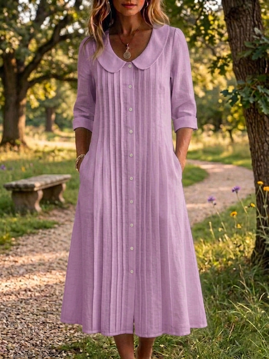 Neue Ankünfte🔥 Damen Kleid aus Baumwolle und Leinen mit Peter-Pan-Kragen, lässig, locker und plissiert-ZierMode