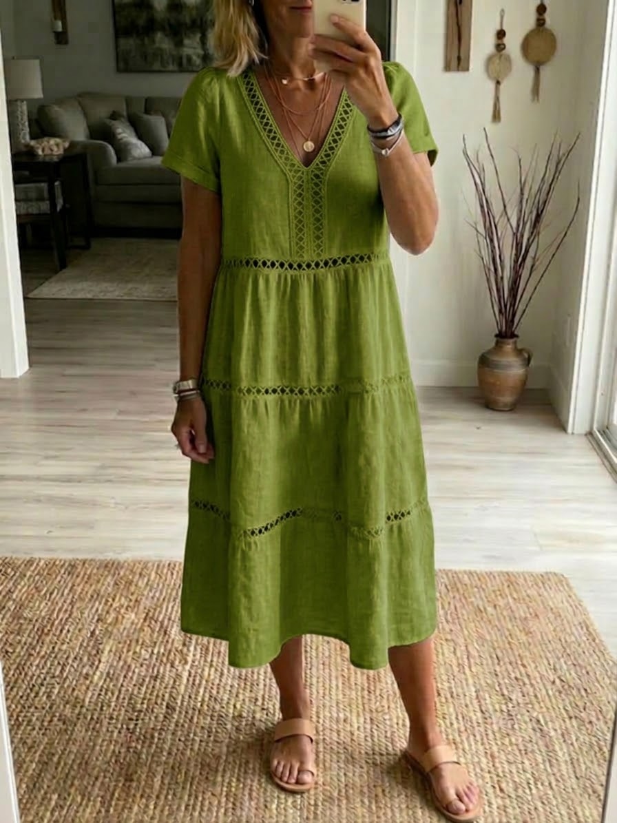 Lässiges Patchwork-Kleid aus Leinen und Baumwolle mit durchbrochenem Bandmuster