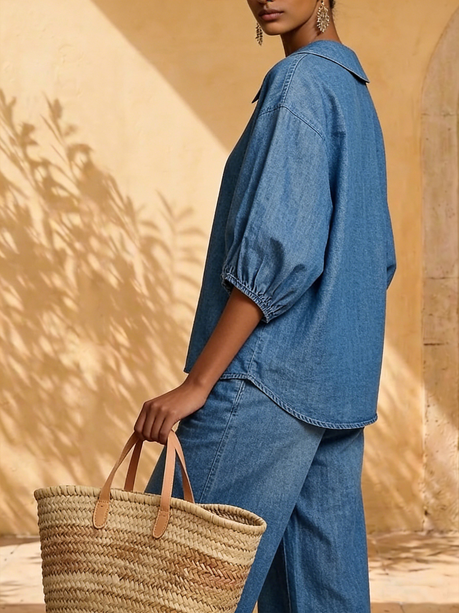 New Arrivals🔥 Stylish Peter Pan Collar Shirt and Wide-leg Pant Denim Two-piece Set