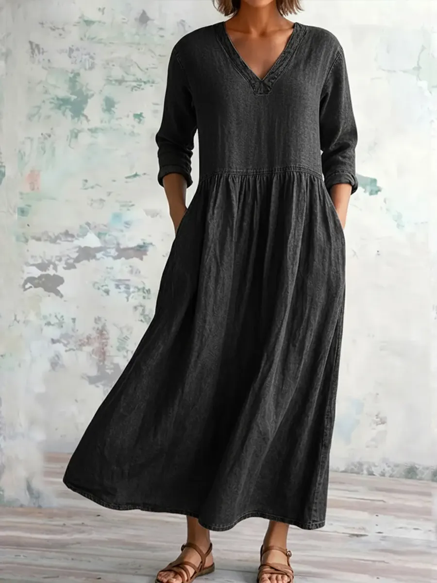 Lässiges Damen-Denim-Baumwollkleid mit V-Ausschnitt