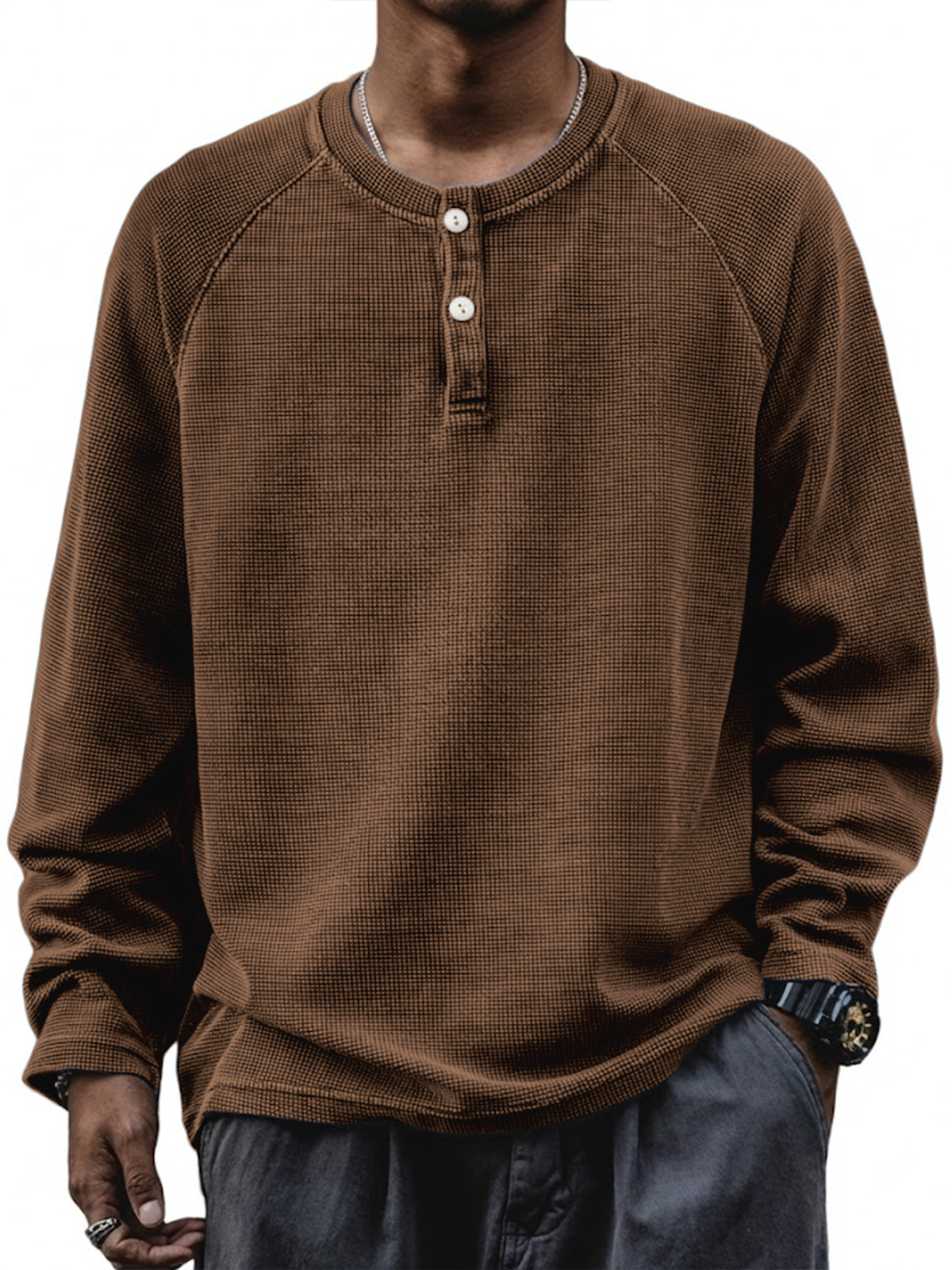 Herren Retro Waffel Raglan Lockere Pullover Langarm Henley Shirt-deurabatt