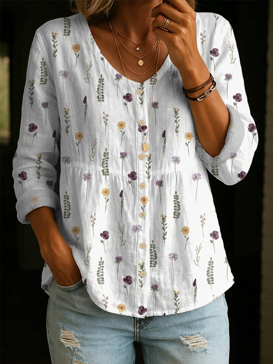 Forest-style Fresh Botanical Print Textured Cotton-linen Front-button Babydoll Top