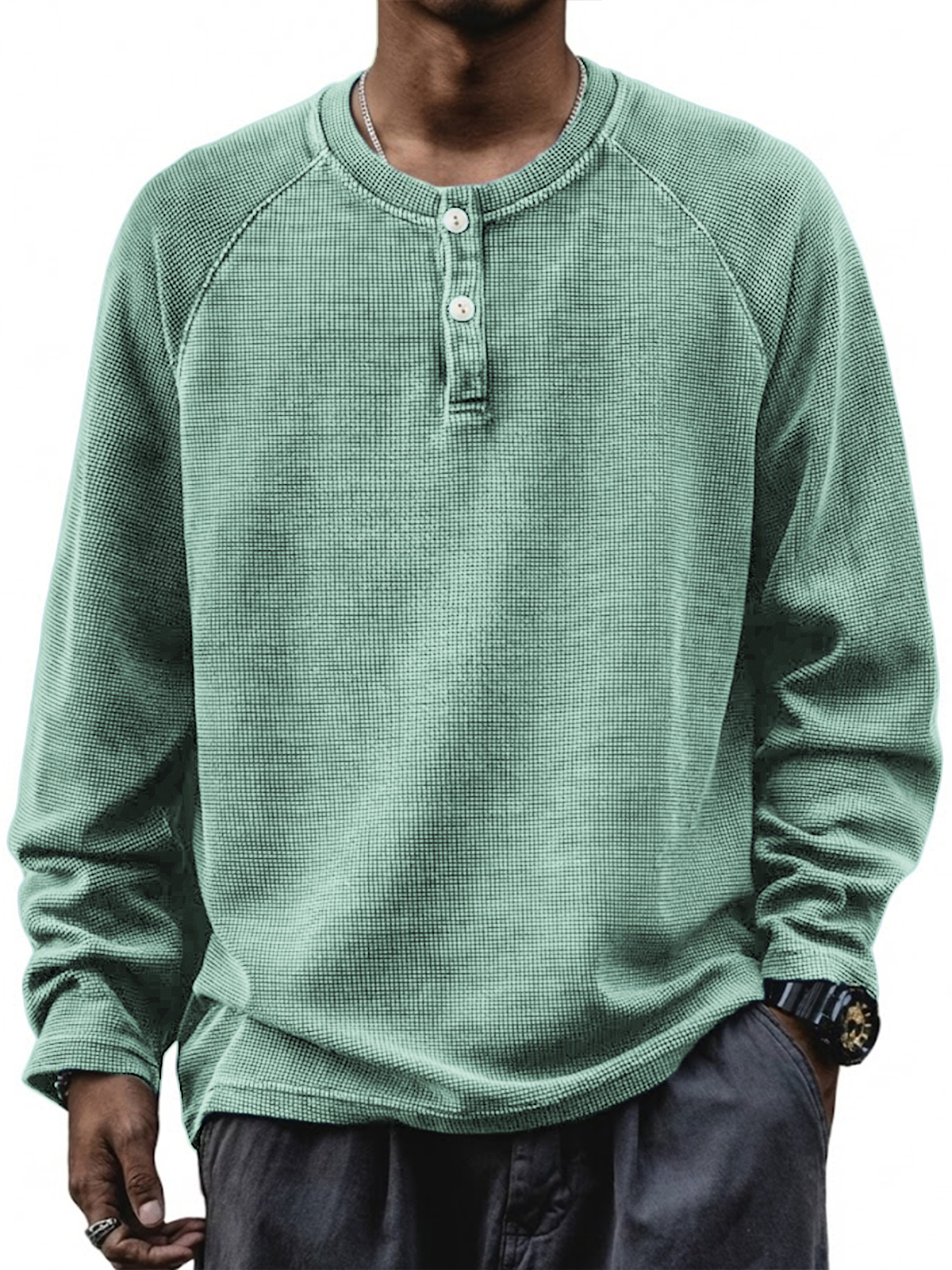 Herren Retro Waffel Raglan Lockere Pullover Langarm Henley Shirt-deurabatt
