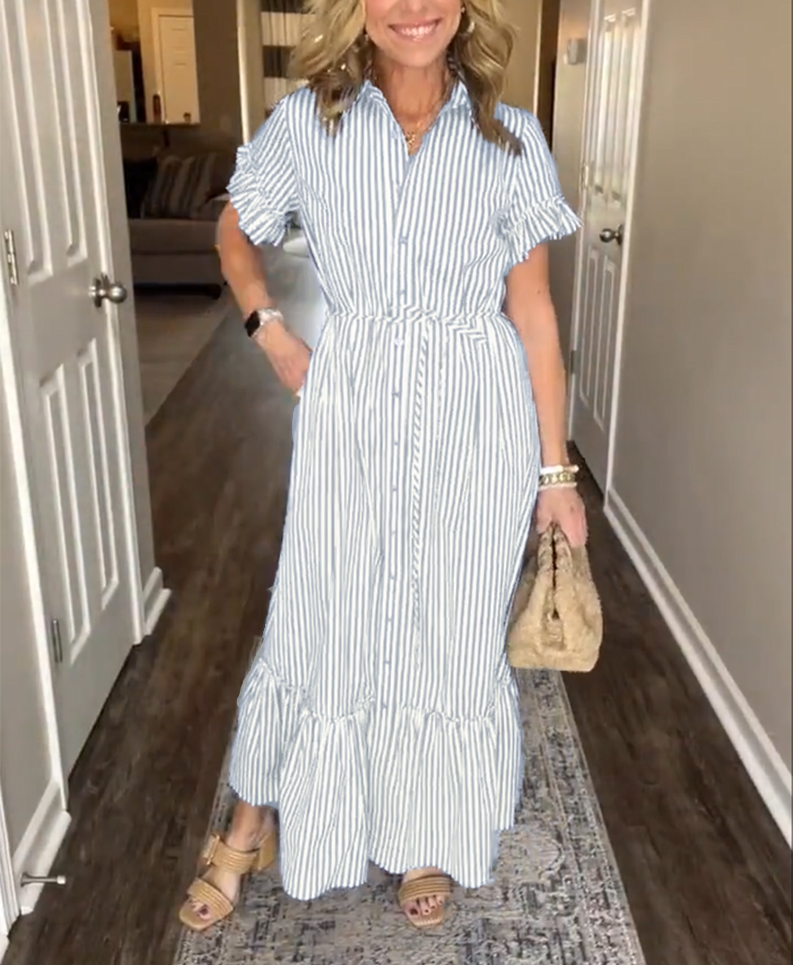 NEW🔥Striped Cotton Lapel Button Shirt Dress