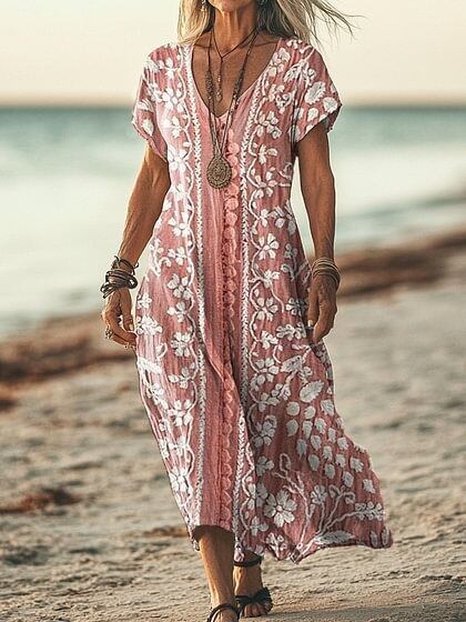 Women's Short Sleeve Spring Floral Print V Neck Casual Dress