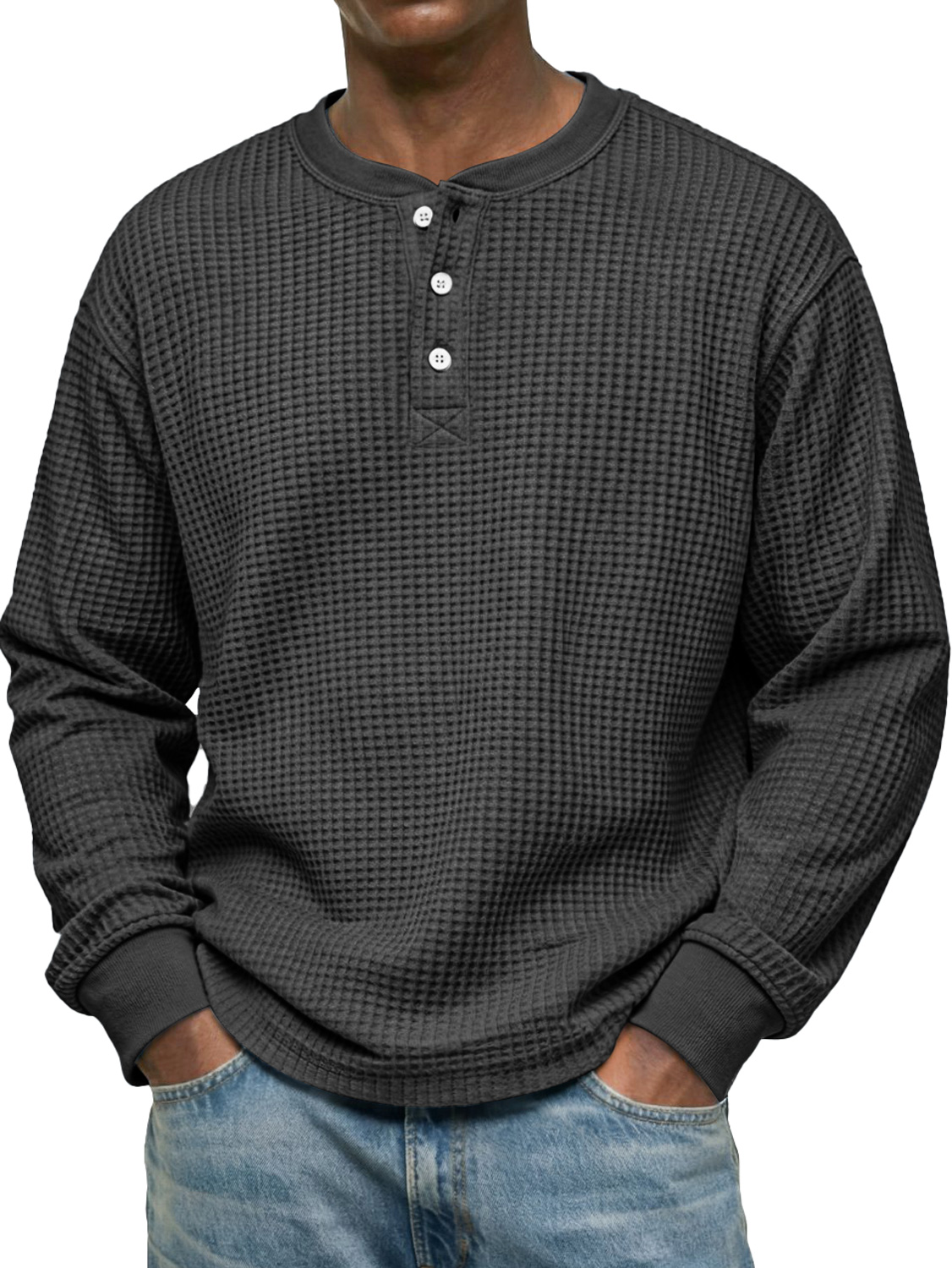 Herren Einfaches Waffel Freizeit Langarm-Henley-Shirt-deurabatt