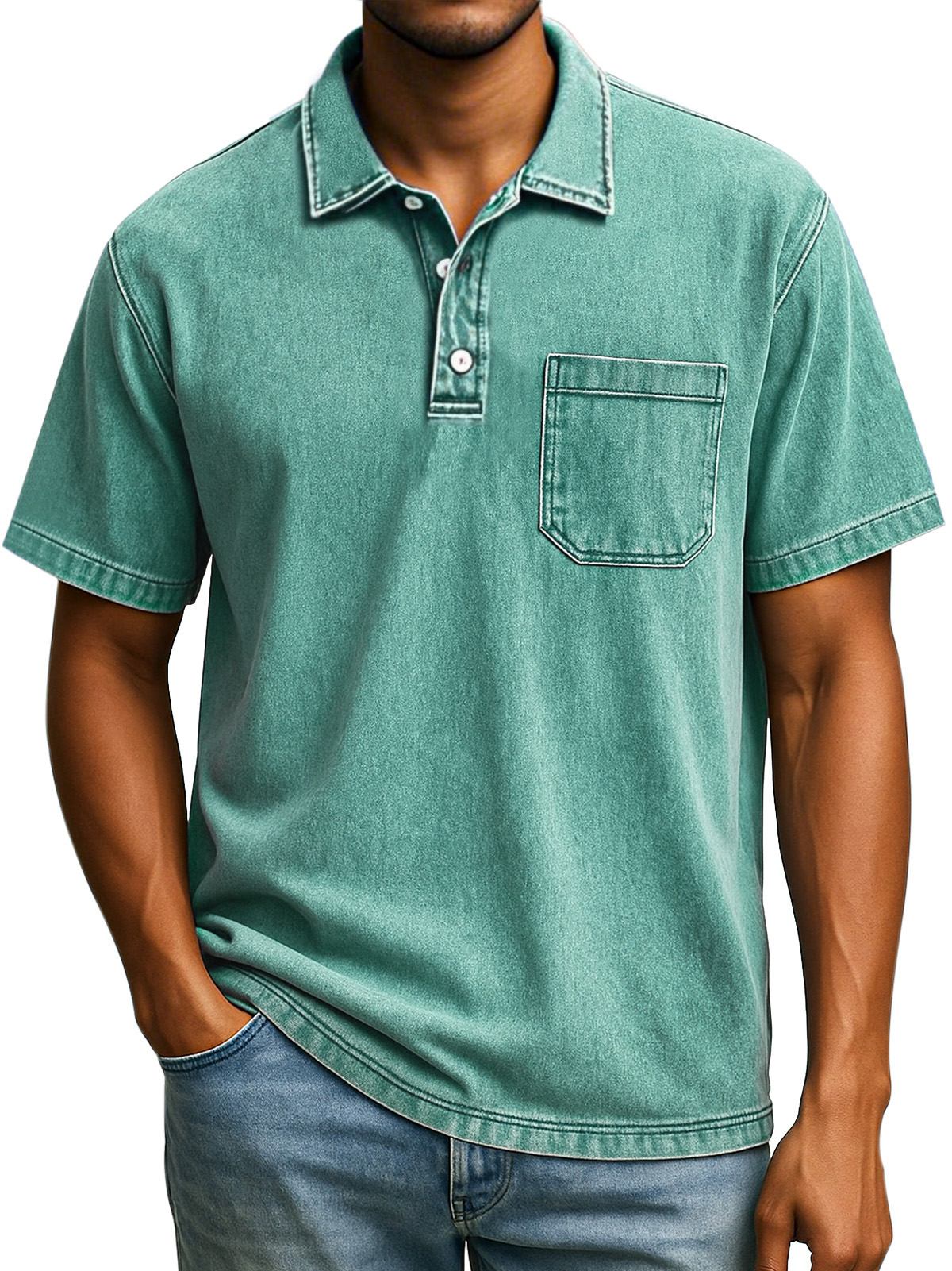 Herren Retro Einfarbig Bequem Locker Revers Knopf Kurzarm Polohemd-deurabatt