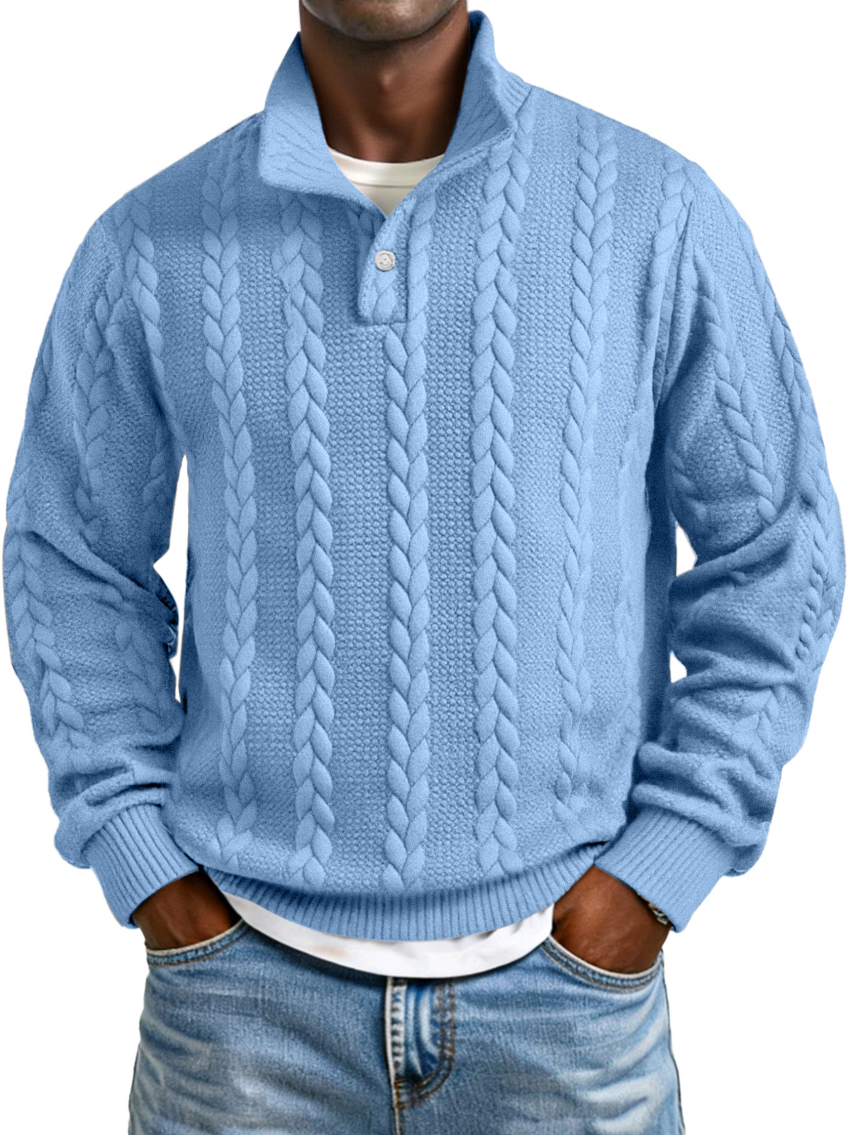 Herren Sweatshirt mit einfarbigem, gedrehtem Textur und Knopfkragen, langärmlig-deurabatt