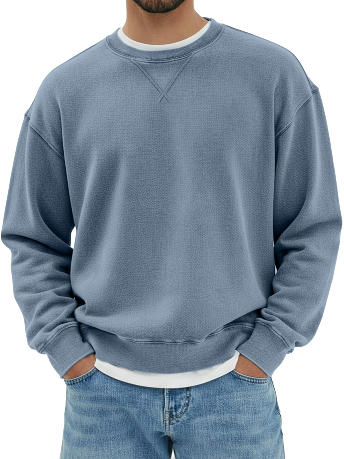Herren Sweatshirt mit rundem Hals, langen Ärmeln und Design in umgekehrtem Dreieck aus reinem Baumwollmaterial-deurabatt