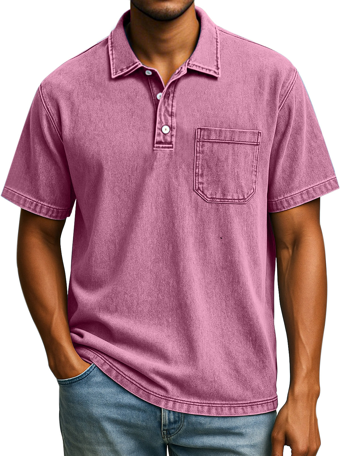 Herren Retro Einfarbig Bequem Locker Revers Knopf Kurzarm Polohemd-deurabatt