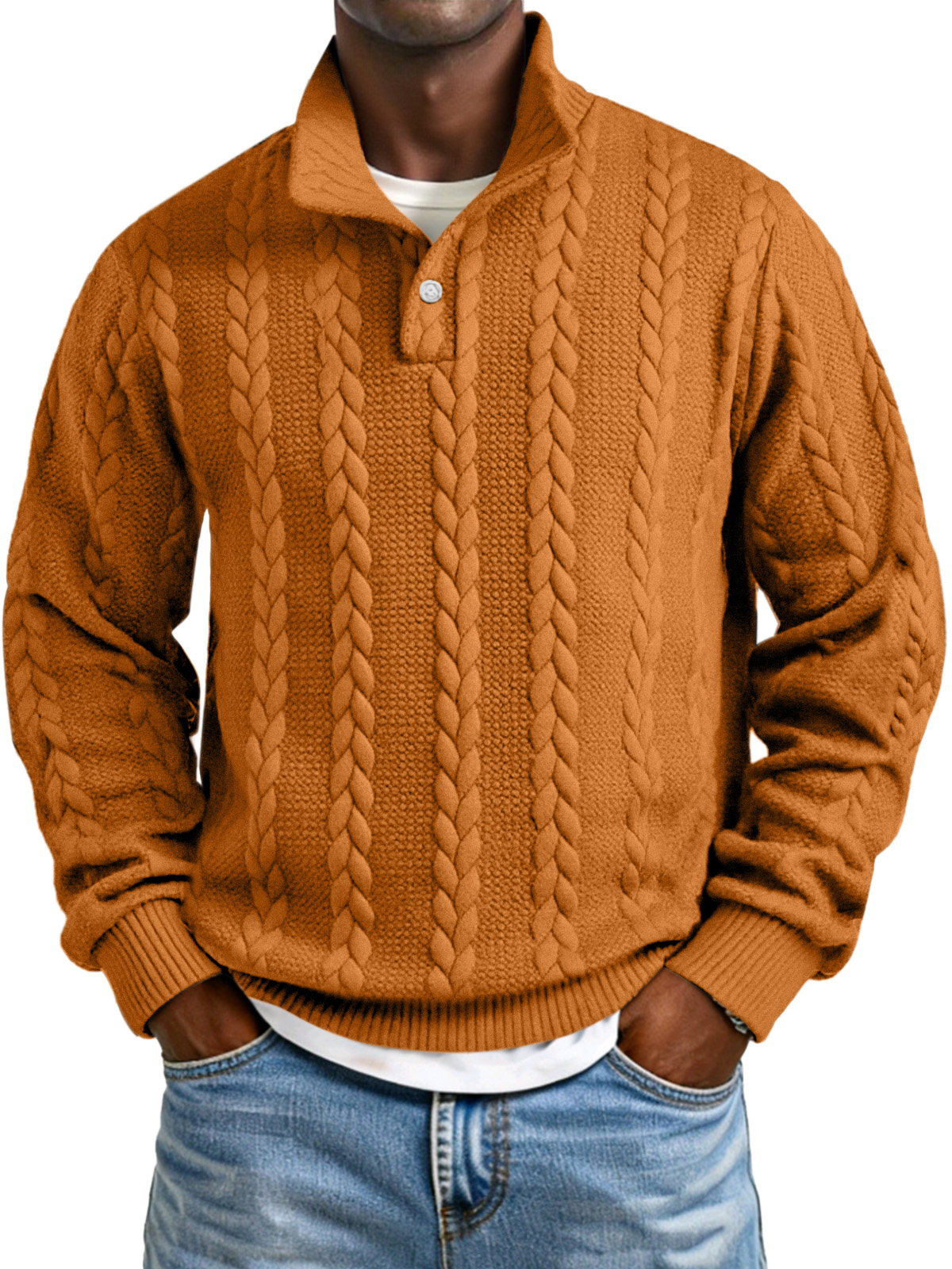 Herren Sweatshirt mit einfarbigem, gedrehtem Textur und Knopfkragen, langärmlig-deurabatt