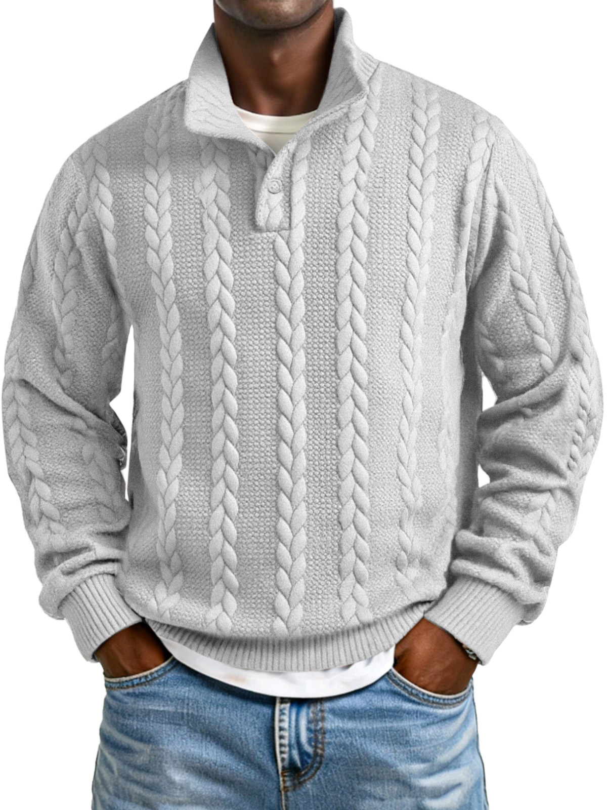 Herren Sweatshirt mit einfarbigem, gedrehtem Textur und Knopfkragen, langärmlig-deurabatt