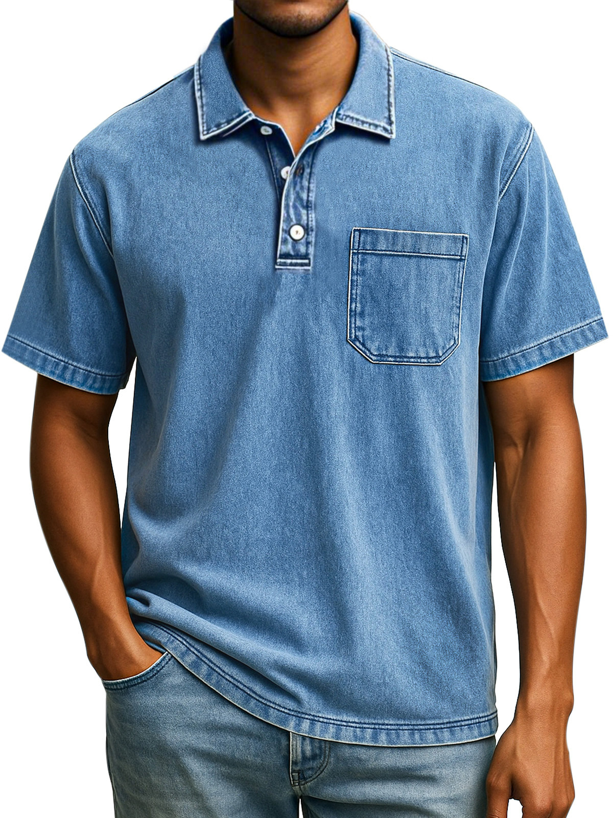 Herren Retro Einfarbig Bequem Locker Revers Knopf Kurzarm Polohemd-deurabatt