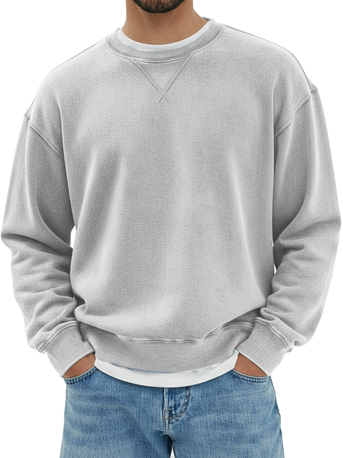 Herren Sweatshirt mit rundem Hals, langen Ärmeln und Design in umgekehrtem Dreieck aus reinem Baumwollmaterial-ZierMode