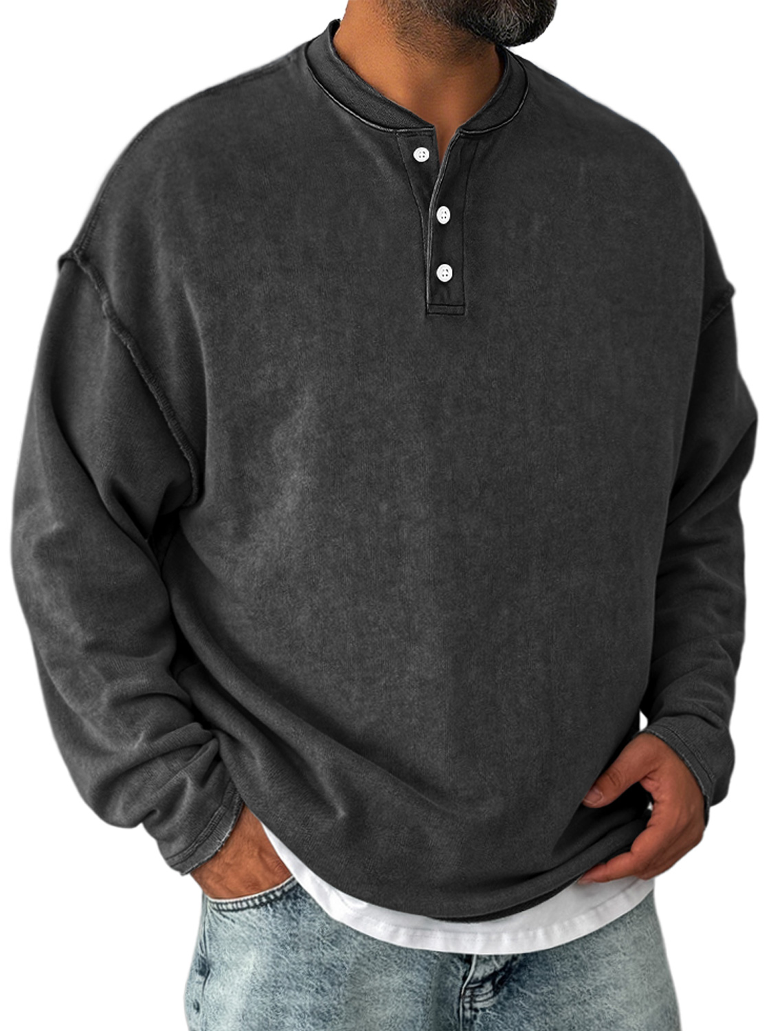 Herren Retro Freizeit Stehkragen Knopf-Down Langarm Henley Shirt-deurabatt