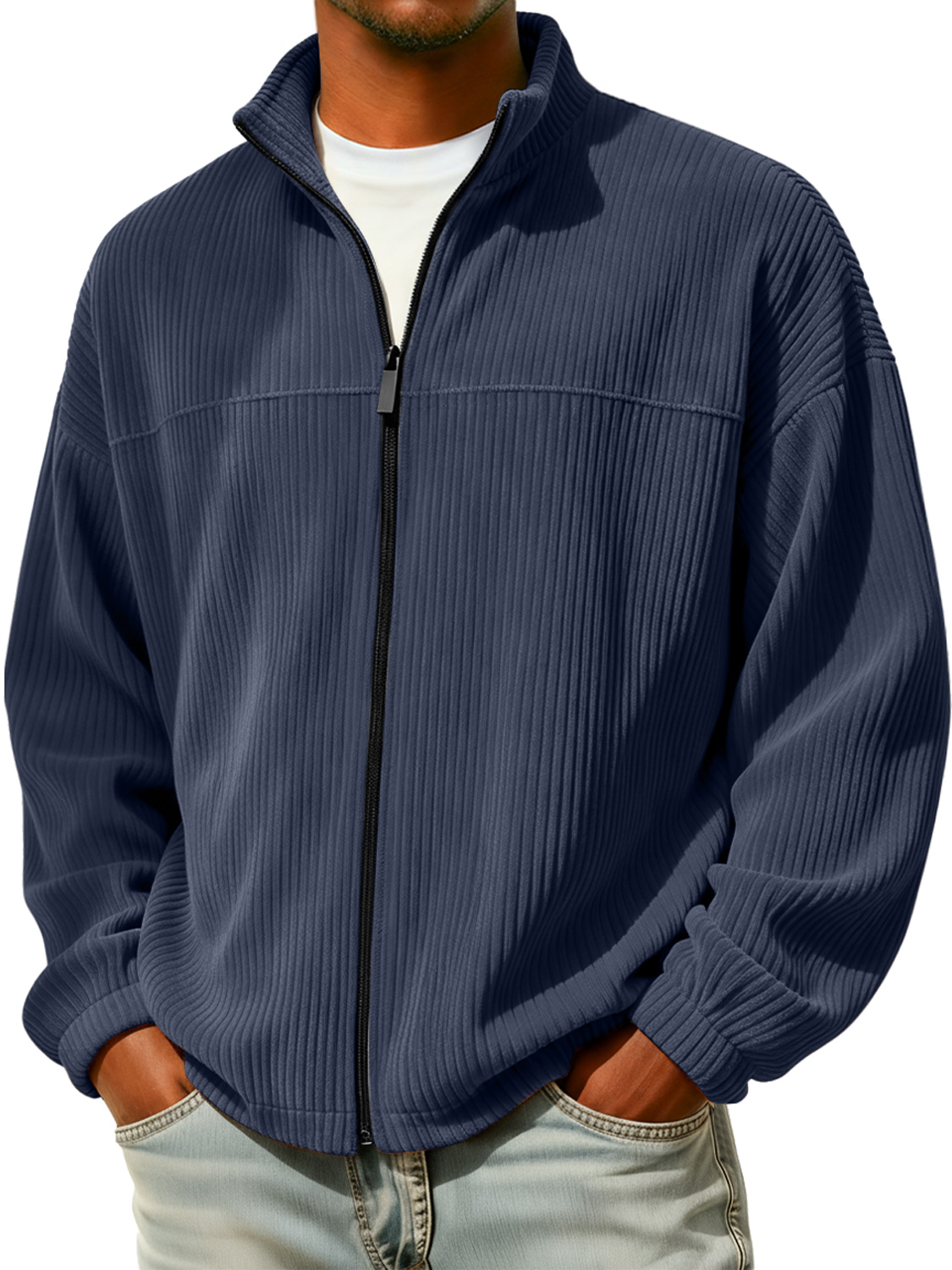 Herren einfache Stehkragen Reißverschluss Cord-Jacke casual-deurabatt