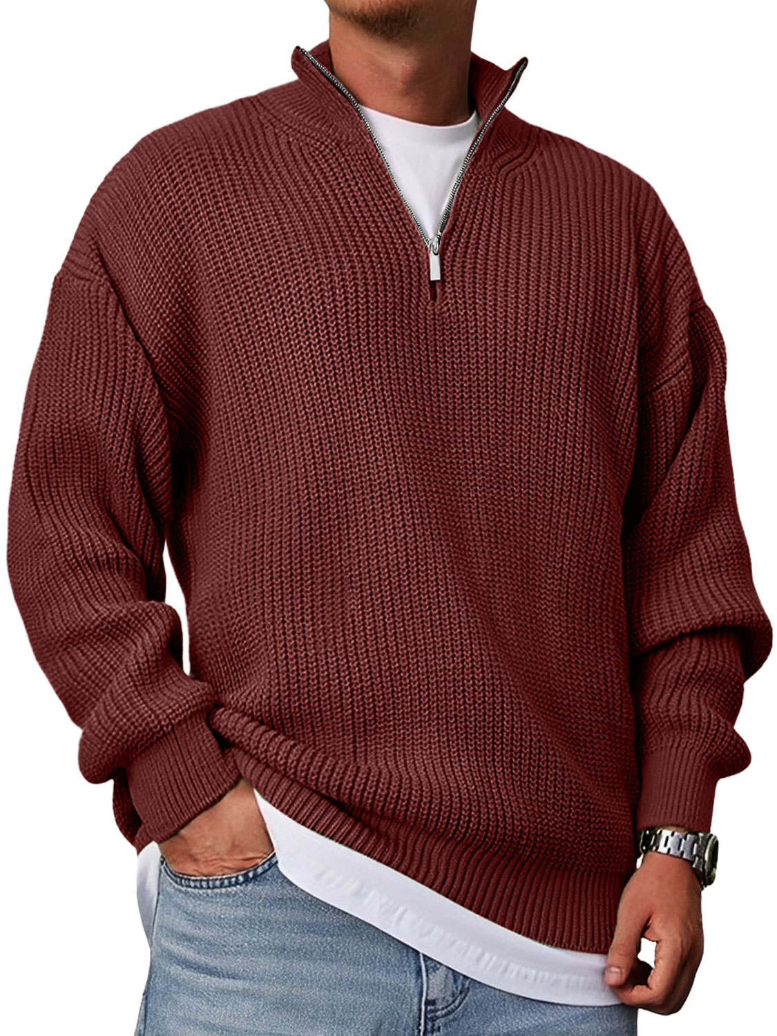 Herren Freizeitmode Lockere Stehkragen Reißverschluss Einfarbiger Pullover-deurabatt