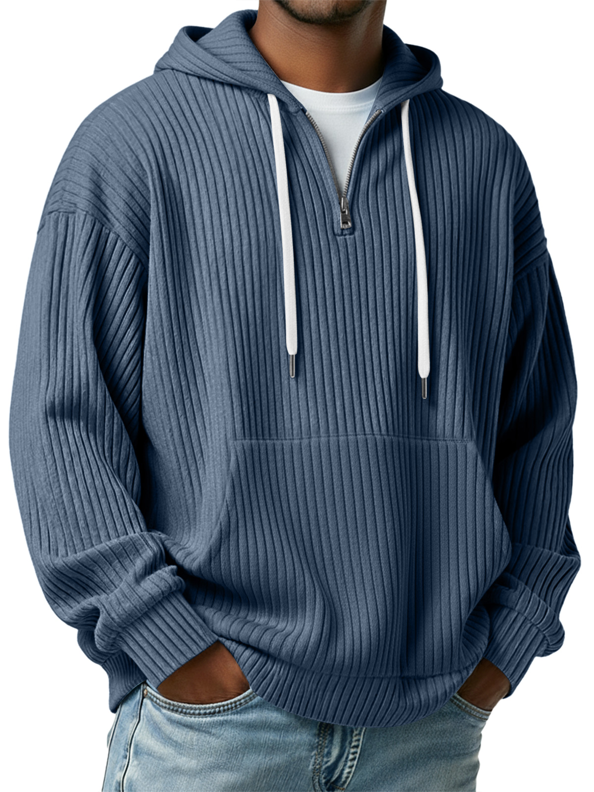 Herren Einfaches Rippstrick Kapuzenzipper Lässiger Lockere Sweatshirt-deurabatt