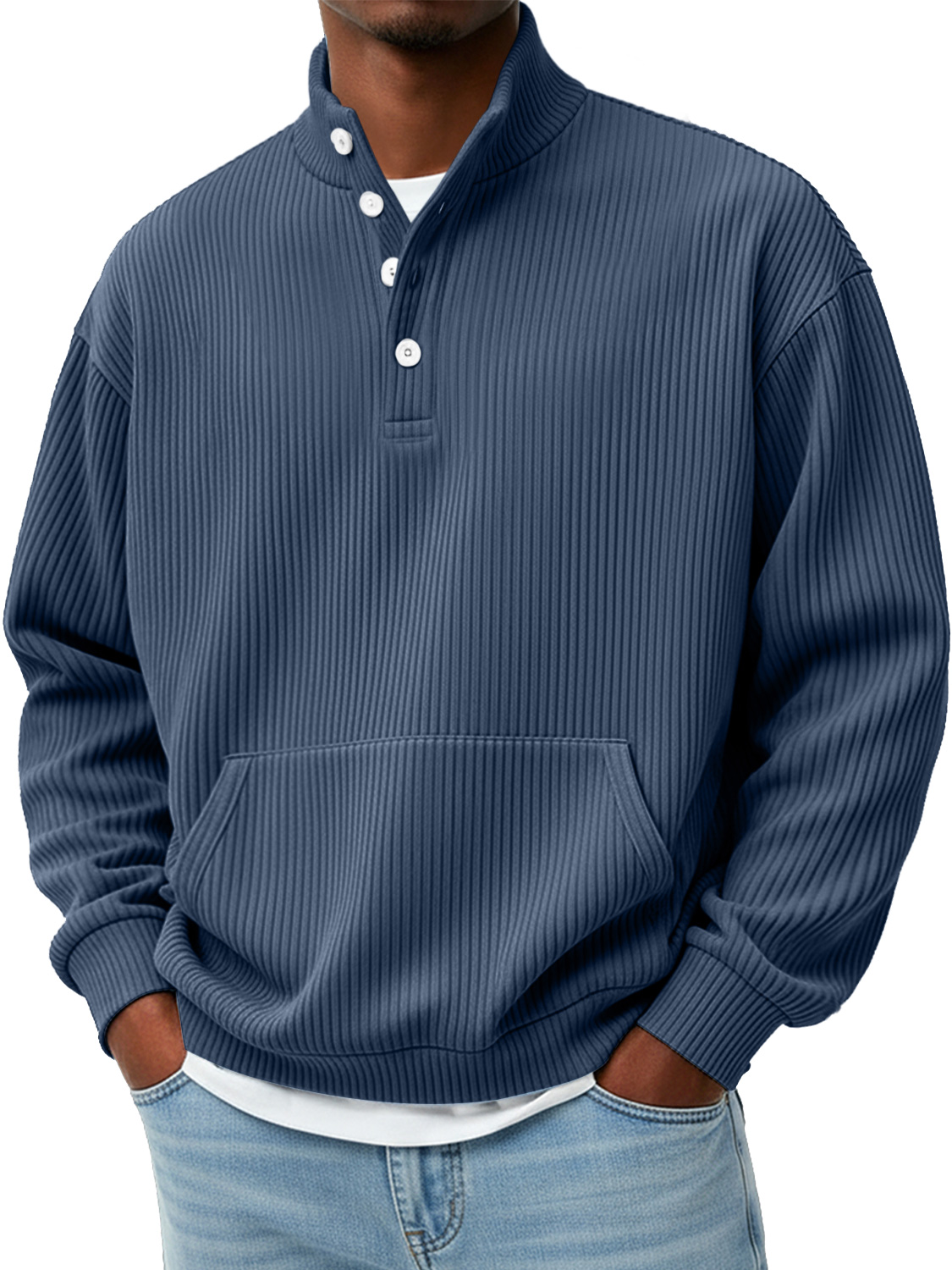 Herren Einfaches Rippkragen Knopf Freizeit Lockeres Sweatshirt-deurabatt