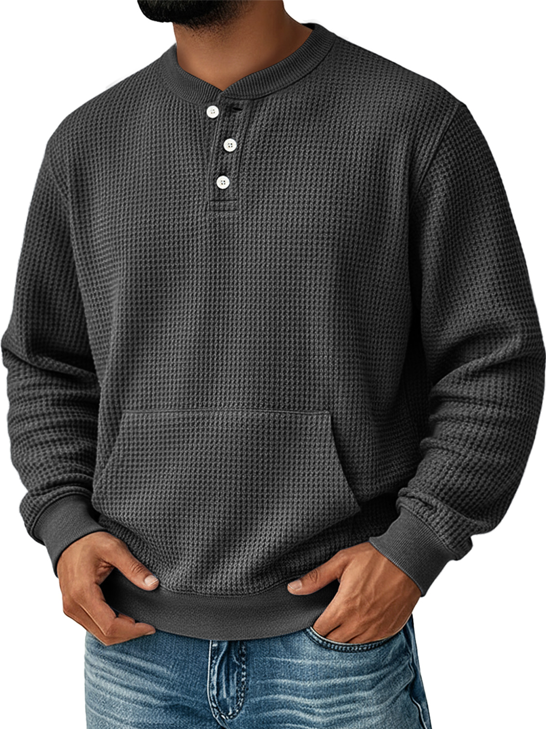 Herren Einfaches Waffel Stehkragen Knopf Freizeit Tasche Sweatshirt-deurabatt