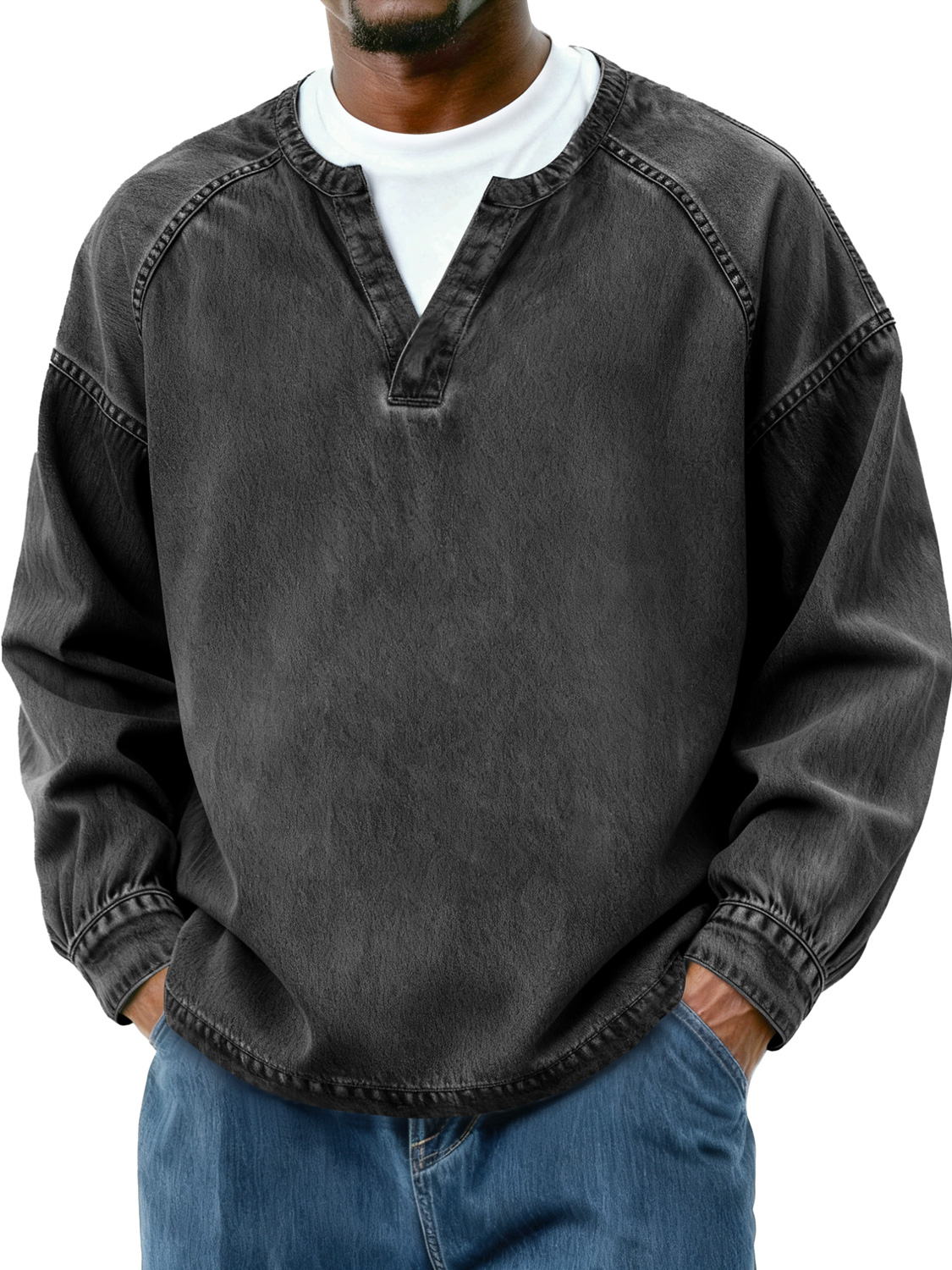Herren Retro Faux Zwei-Teile Raglan Patchwork Freizeit Langarm T-Shirt-deurabatt