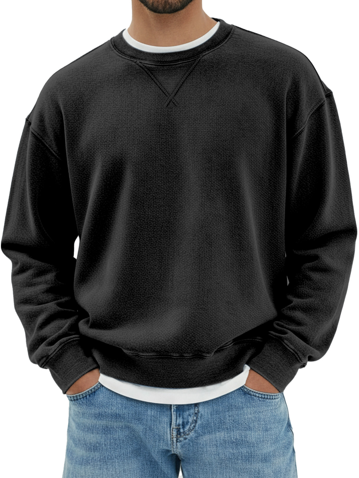 Herren Sweatshirt mit rundem Hals, langen Ärmeln und Design in umgekehrtem Dreieck aus reinem Baumwollmaterial-ZierMode