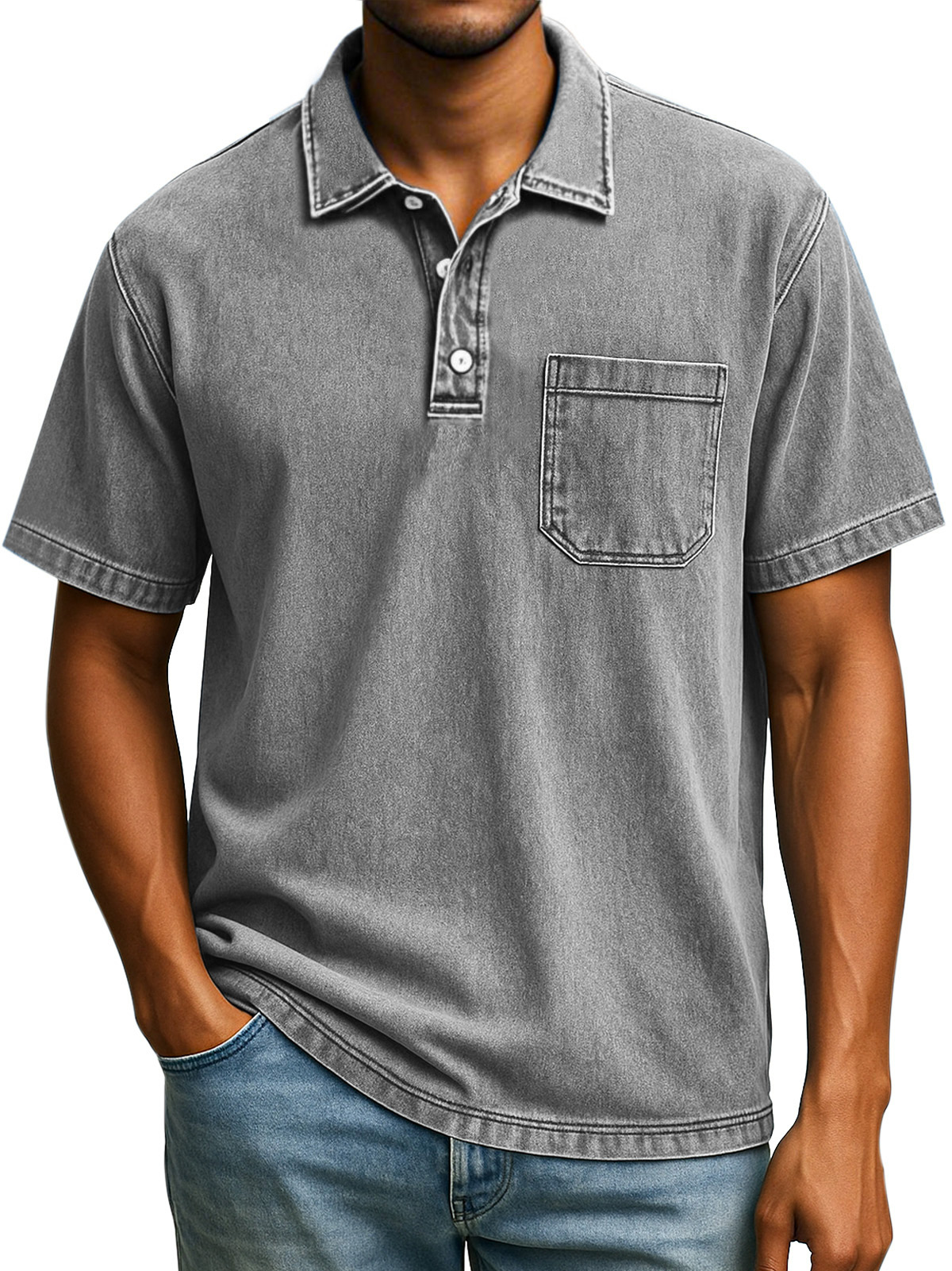 Herren Retro Einfarbig Bequem Locker Revers Knopf Kurzarm Polohemd-deurabatt
