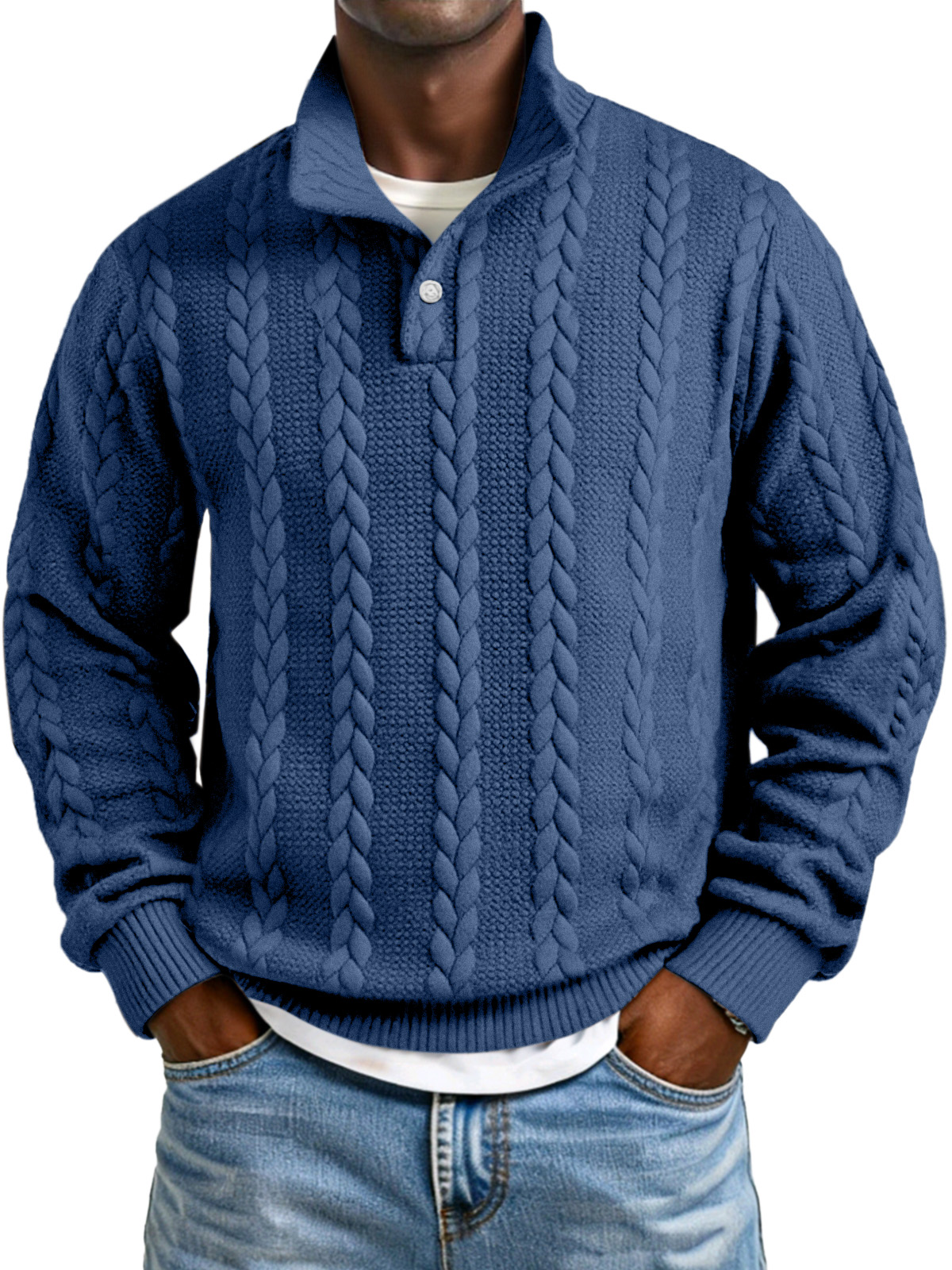 Herren Sweatshirt mit einfarbigem, gedrehtem Textur und Knopfkragen, langärmlig-deurabatt