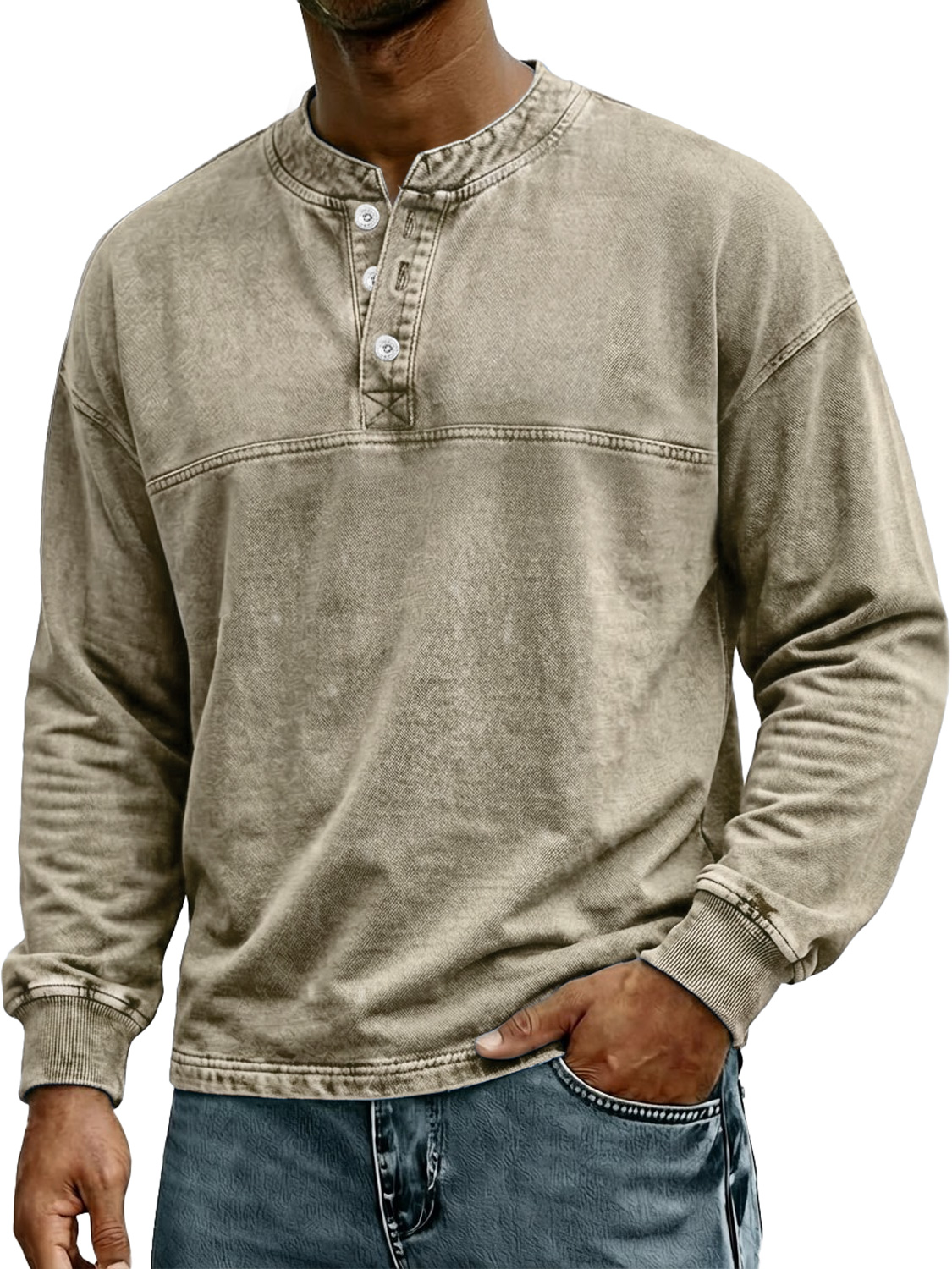 Herren Retro-Stil Stehkragen Knopf Freizeit Langarm Henley Hemd-deurabatt