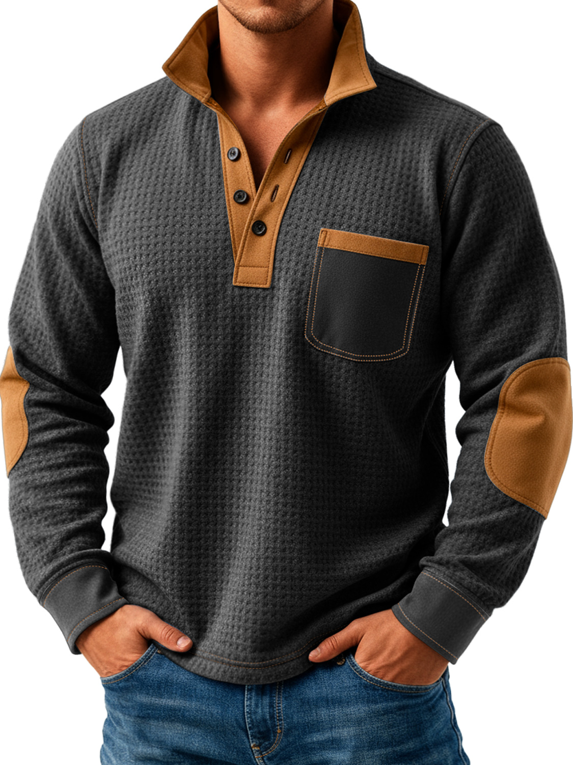 Herren Retro Textur Splicing Stehkragen Knopf Freizeit Langarm POLO Hemd-deurabatt