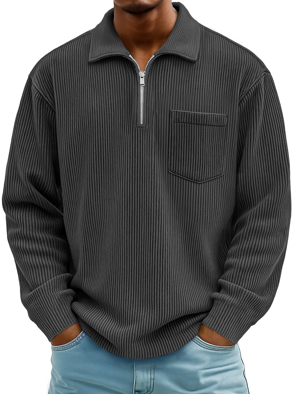 Herren Daily Casual Rippkragen Manhattan Lockere Langarm-Polohemd-deurabatt