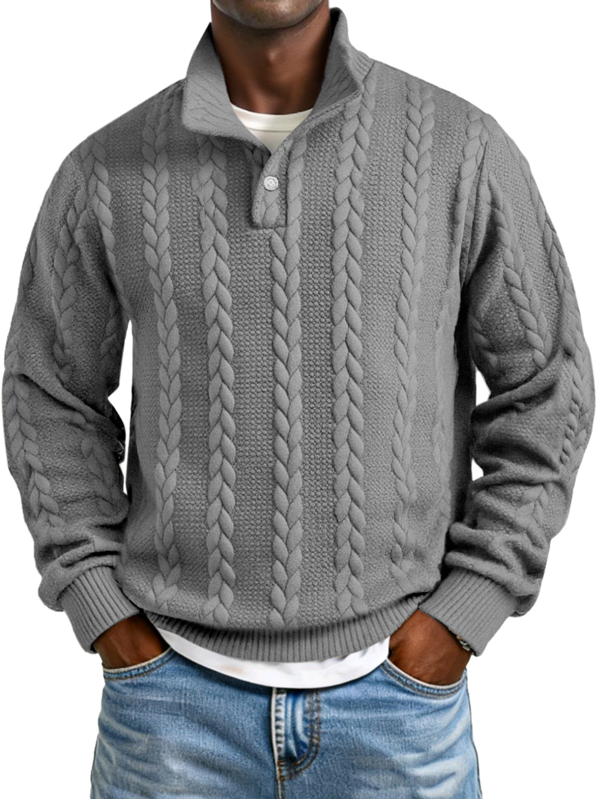 Herren Sweatshirt mit einfarbigem, gedrehtem Textur und Knopfkragen, langärmlig-deurabatt