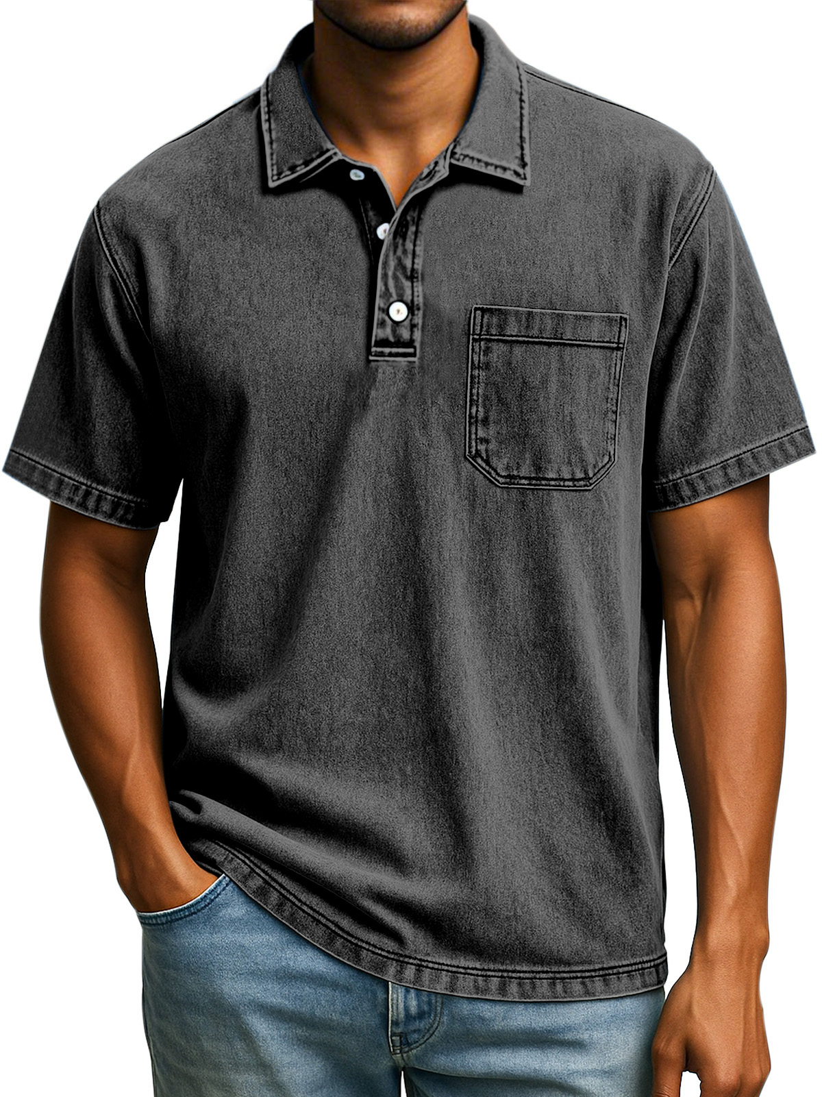 Herren Retro Einfarbig Bequem Locker Revers Knopf Kurzarm Polohemd-deurabatt