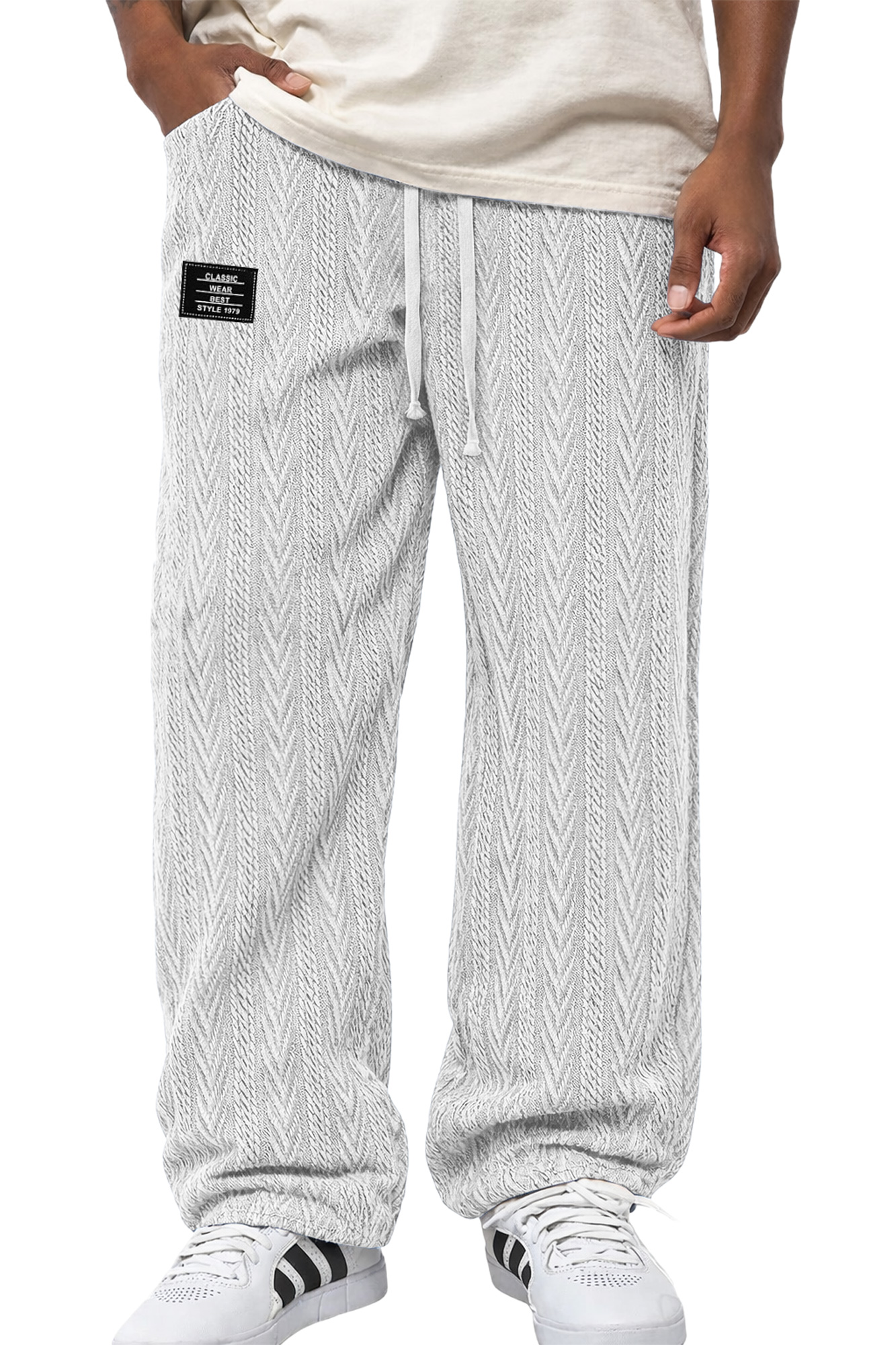 Herren Freizeit Jacquard Strukturierte Bestickte Logo Elastischer Bund Lockere Hose-deurabatt