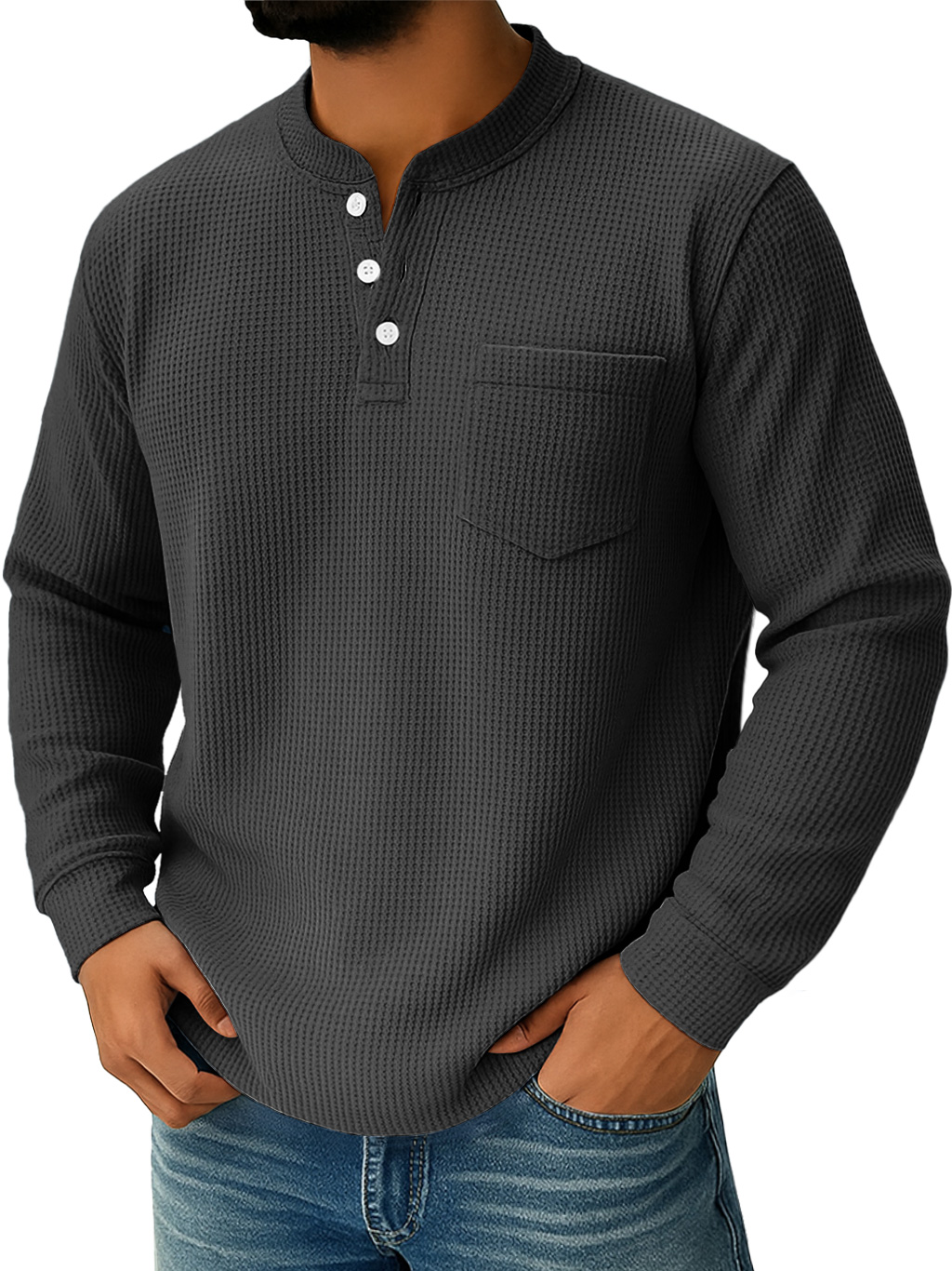 Herren Alltags Waffelkragen Button-Down Freizeit Langarm Henley-deurabatt