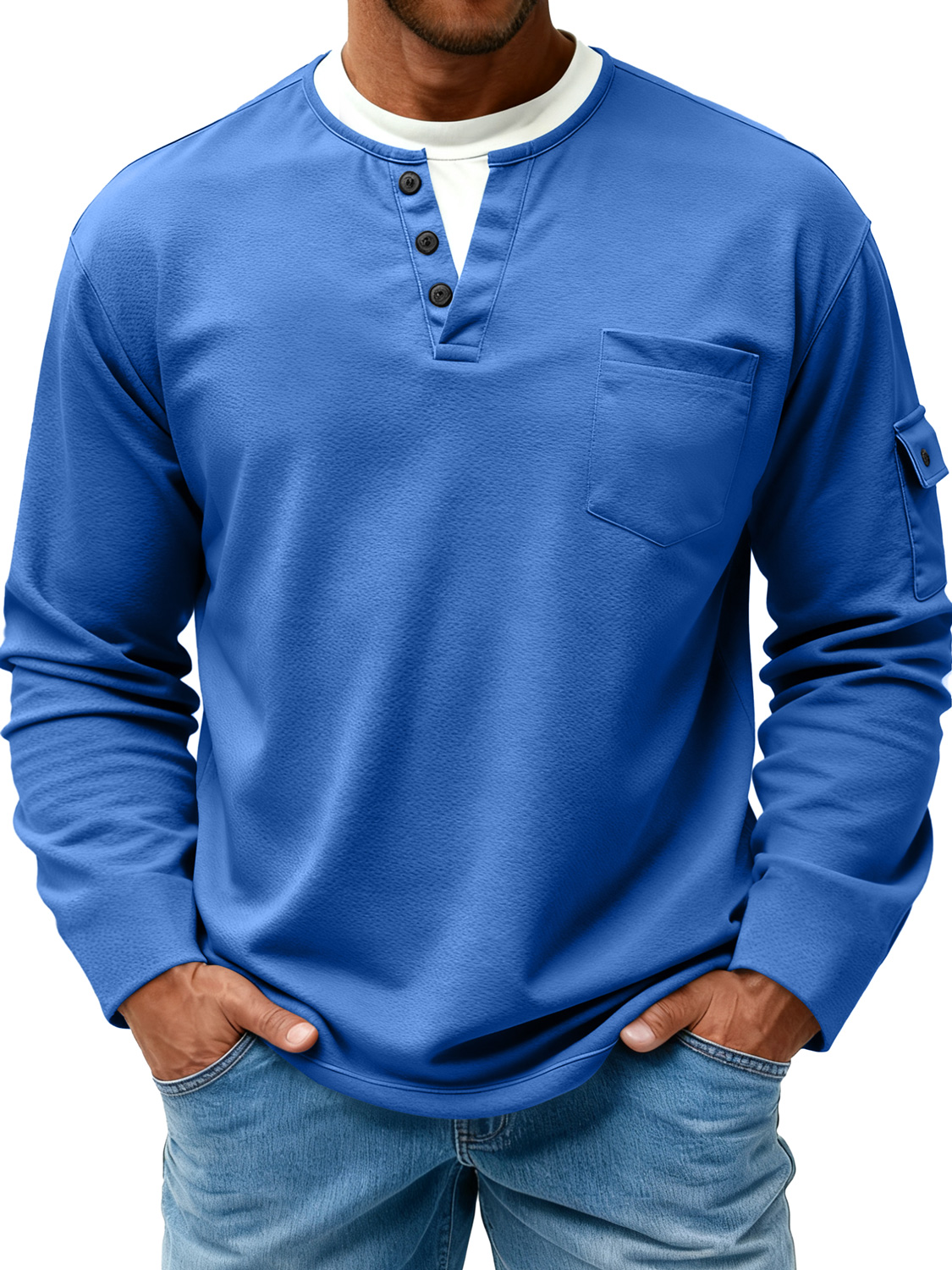 Herren T-Shirt mit doppeltem Kragen, faux Zweiteiler, lässig, langärmlig, mit Seitentaschen-ZierMode