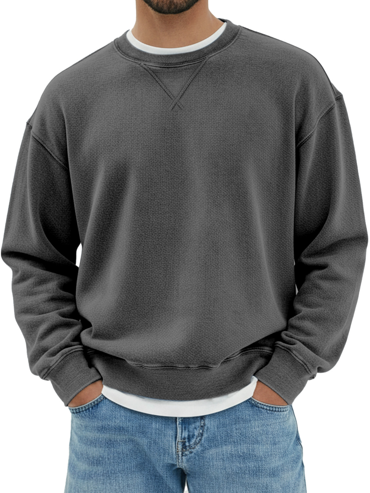 Herren Sweatshirt mit rundem Hals, langen Ärmeln und Design in umgekehrtem Dreieck aus reinem Baumwollmaterial-ZierMode