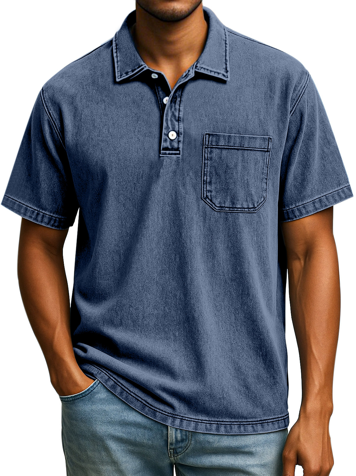 Herren Retro Einfarbig Bequem Locker Revers Knopf Kurzarm Polohemd-deurabatt