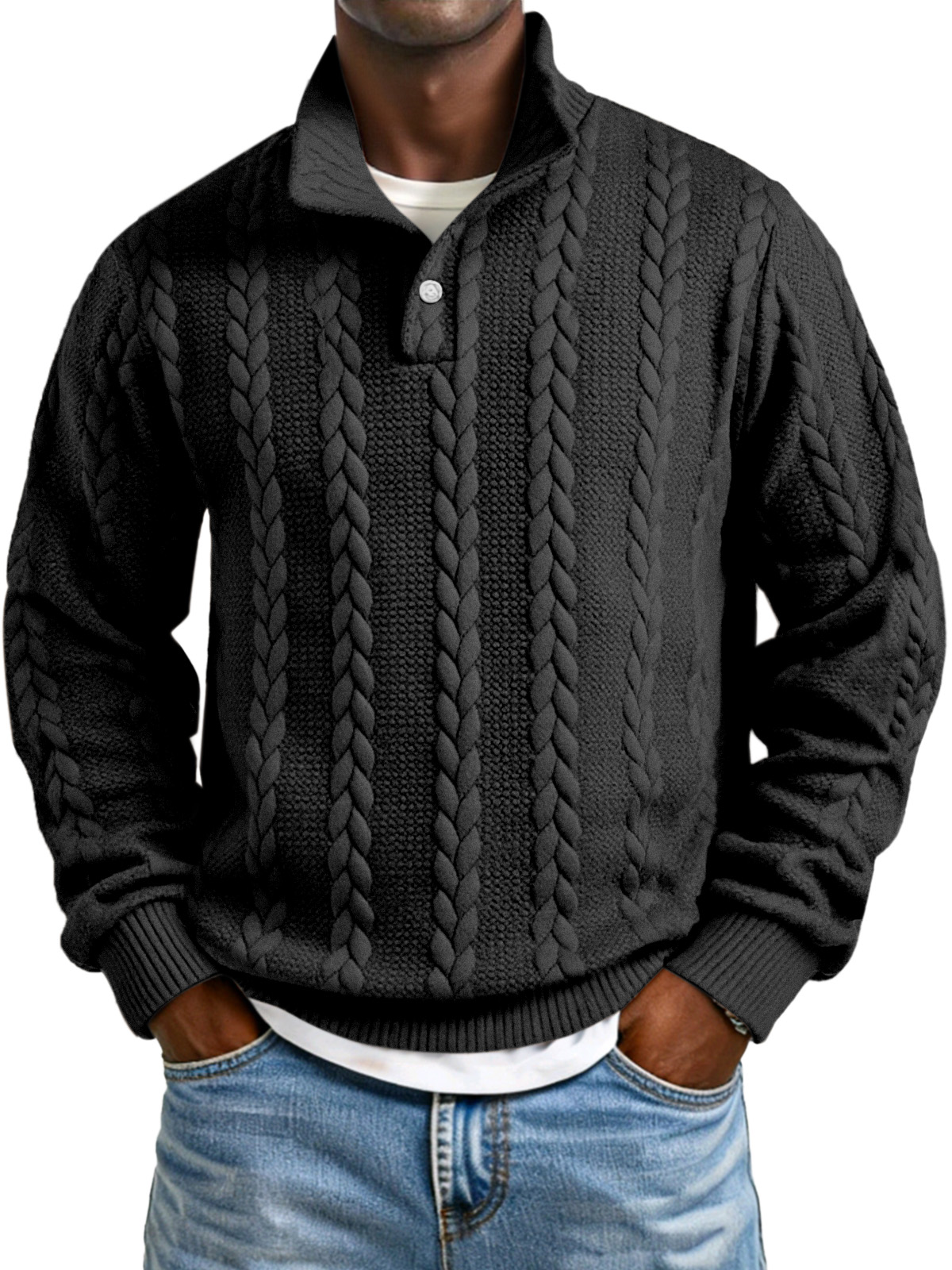 Herren Sweatshirt mit einfarbigem, gedrehtem Textur und Knopfkragen, langärmlig-deurabatt