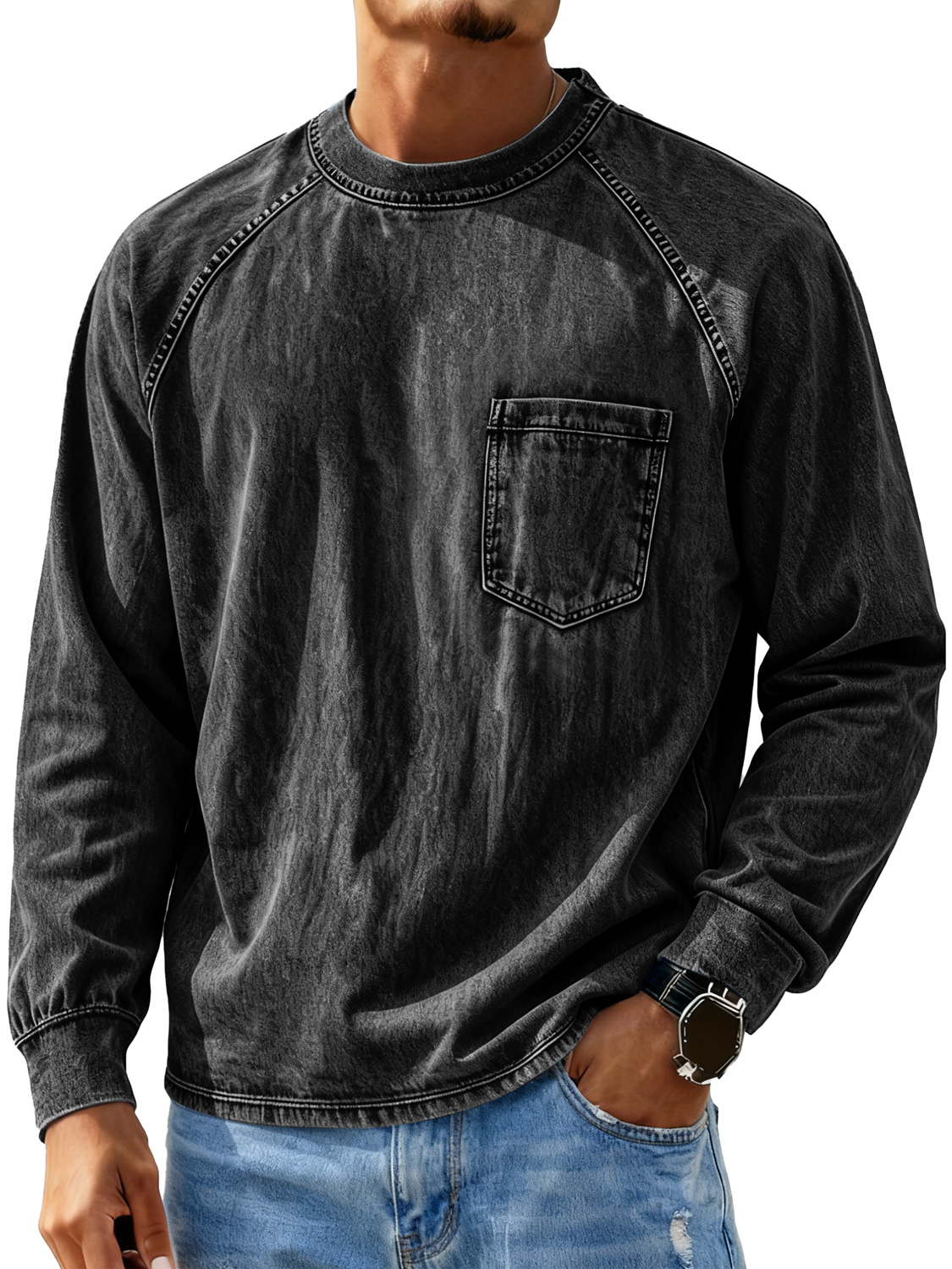 Herren Retro Rundhals Raglan Freizeit Tasche Langarm T-Shirt-deurabatt