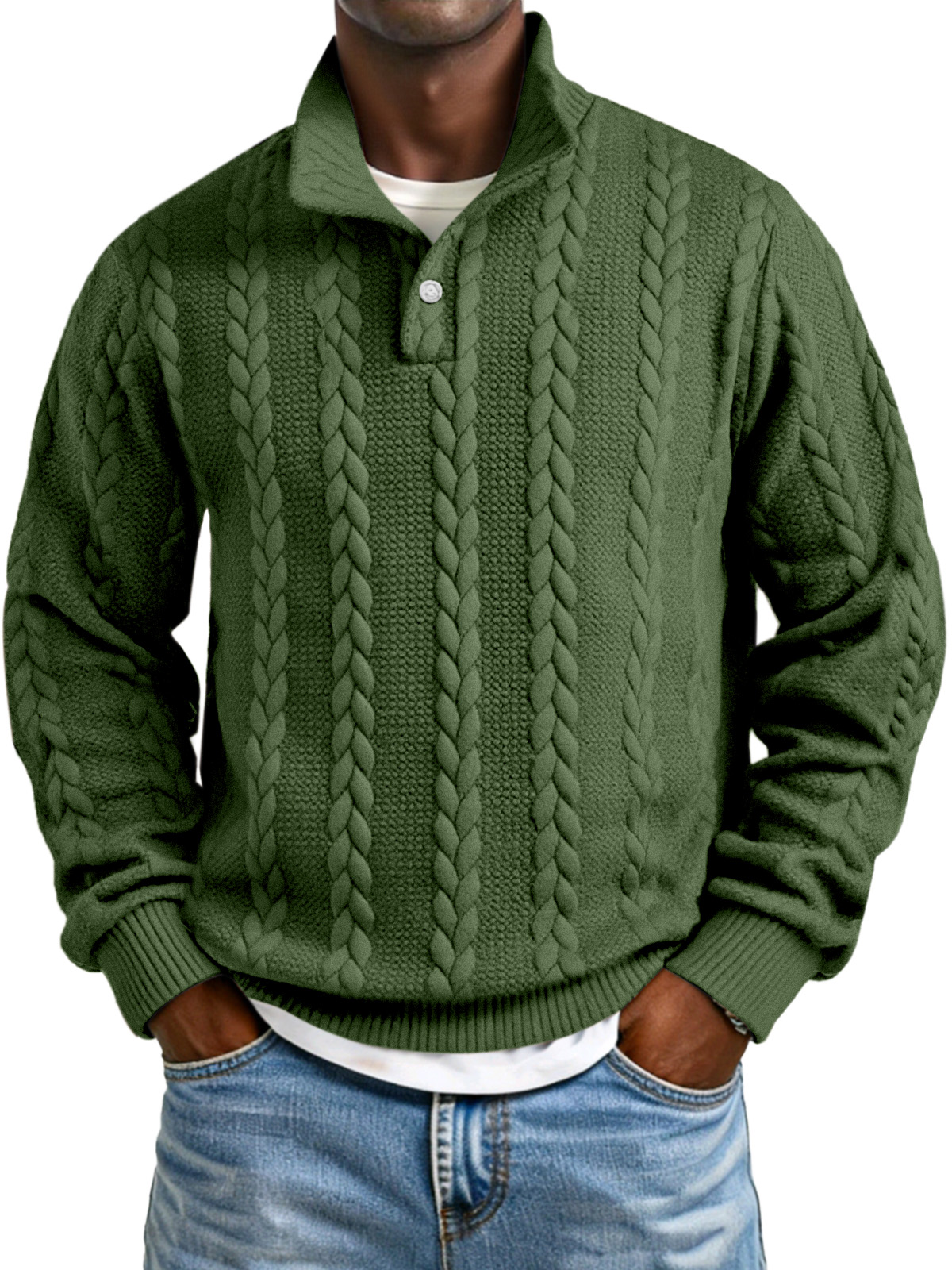 Herren Sweatshirt mit einfarbigem, gedrehtem Textur und Knopfkragen, langärmlig-deurabatt