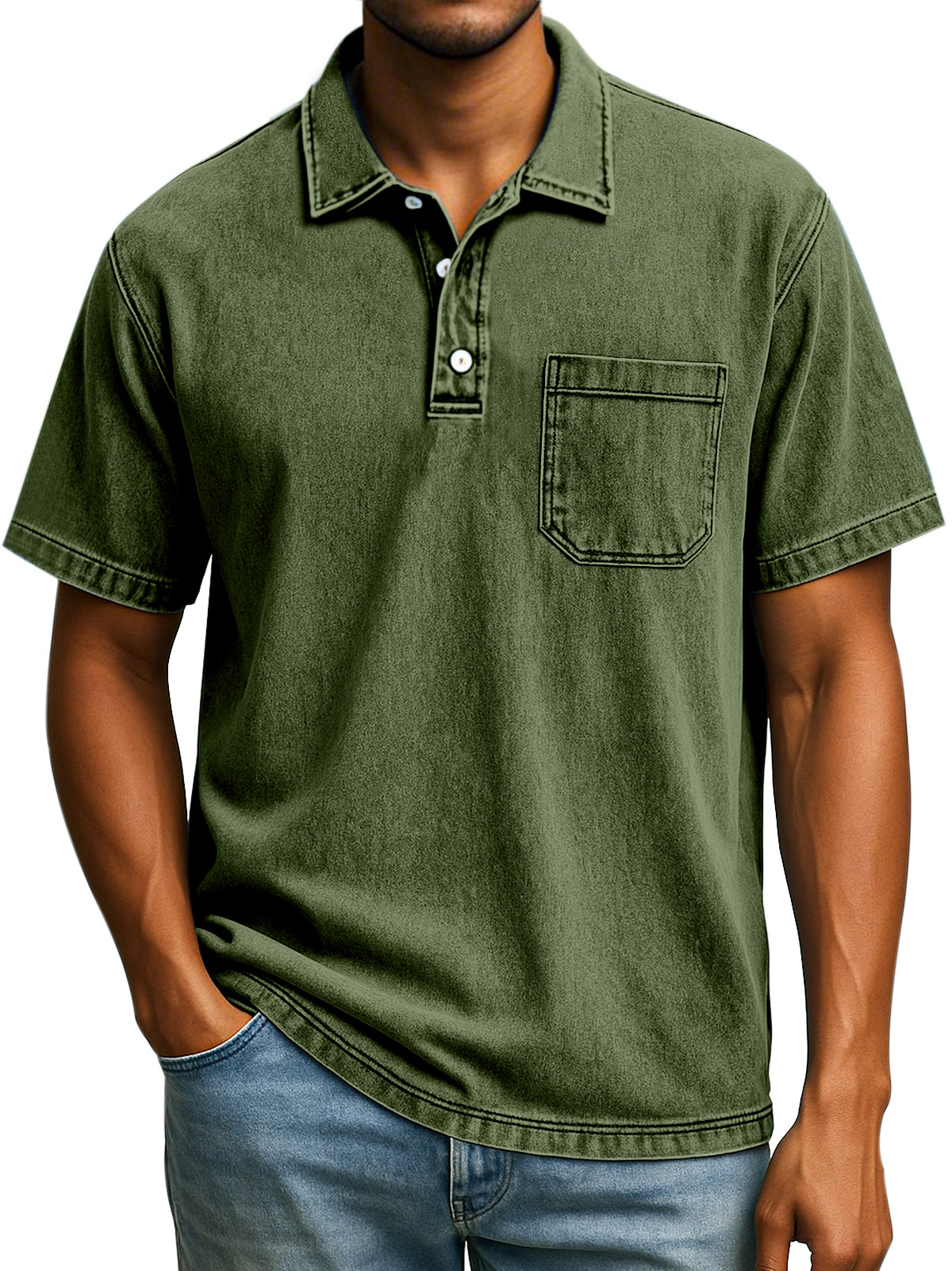 Herren Retro Einfarbig Bequem Locker Revers Knopf Kurzarm Polohemd-deurabatt