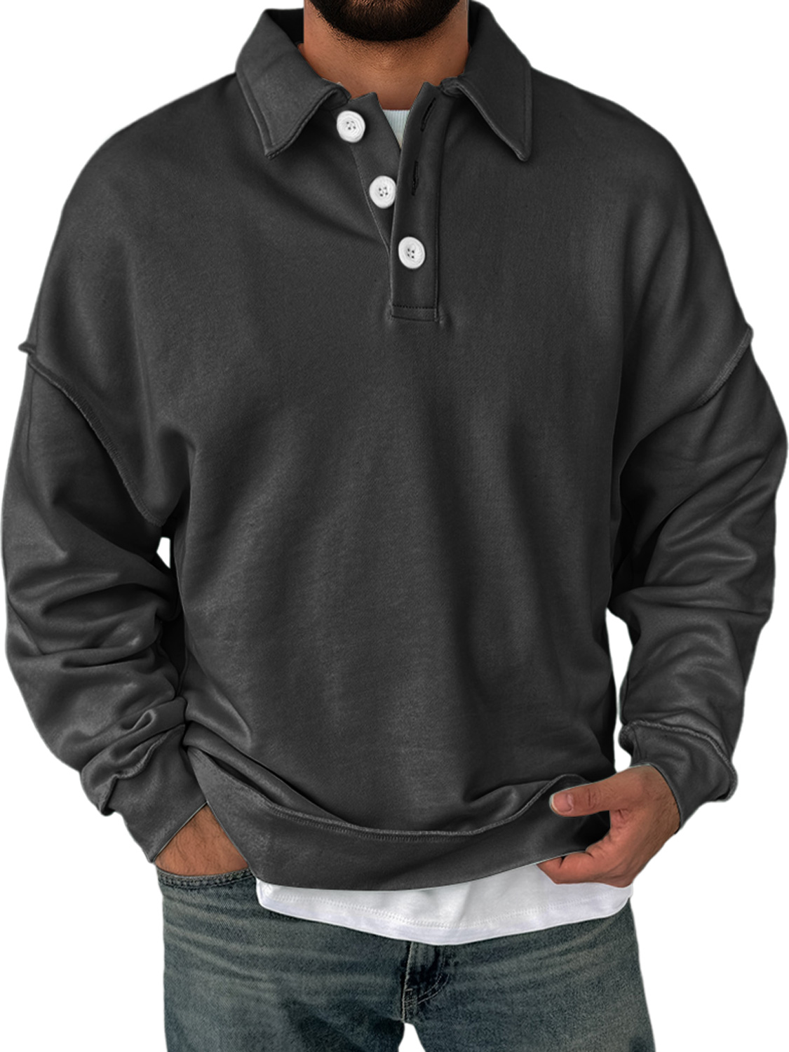 Herren Alltagskragen Knopfverschluss Bequemer Einfarbiger Sweatshirt-deurabatt