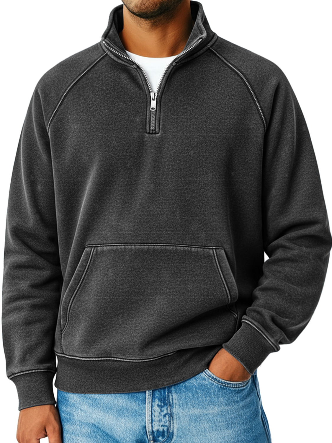 Herren Retro Raglanärmel Stehkragen Reißverschluss Lockere Freizeit Sweatshirt-deurabatt