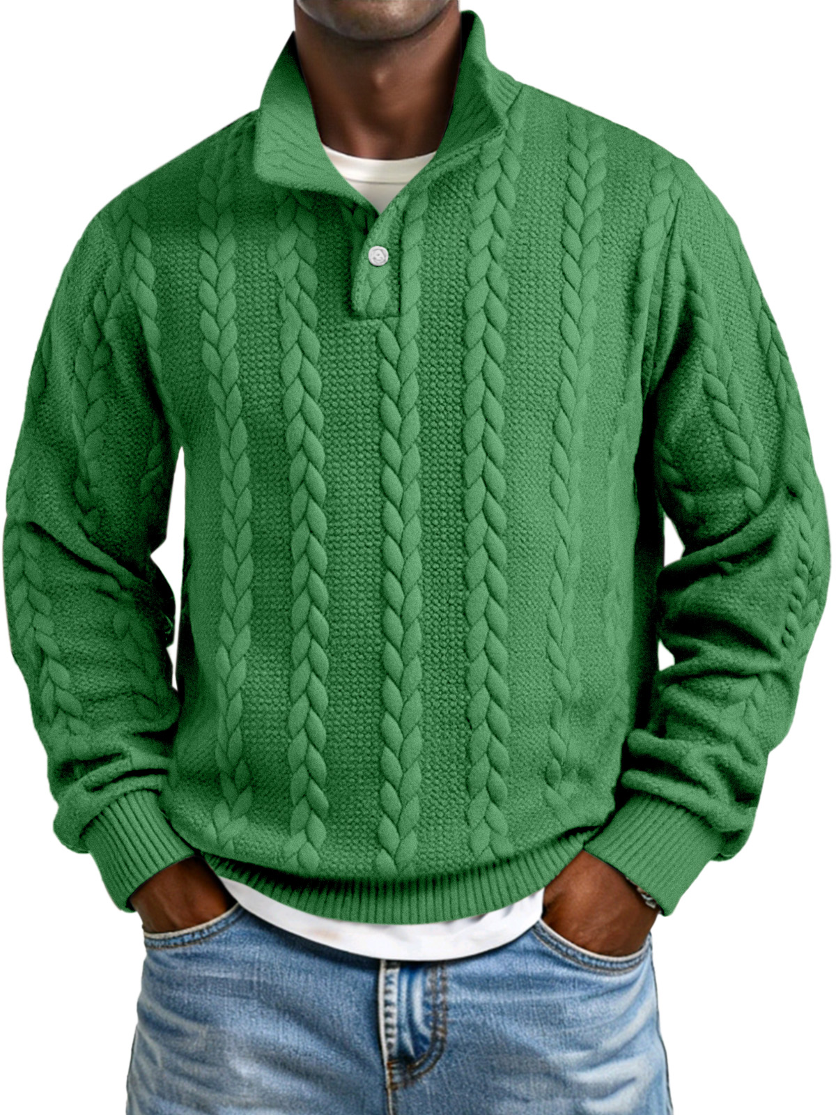Herren Sweatshirt mit einfarbigem, gedrehtem Textur und Knopfkragen, langärmlig-deurabatt