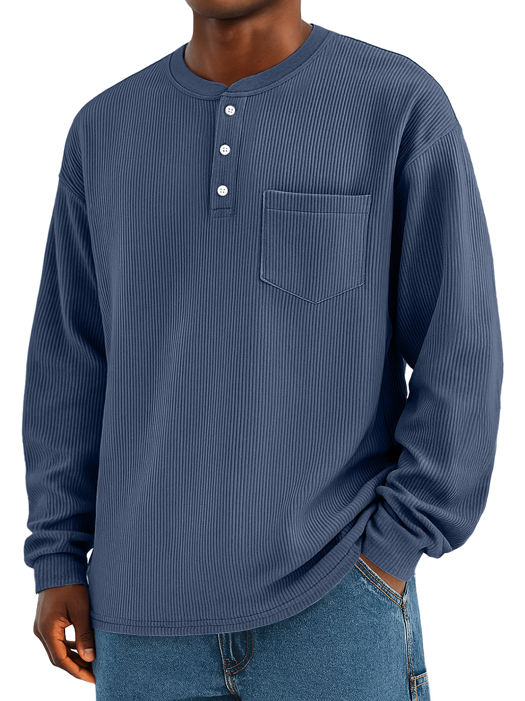 Männliches modisches Alltags-Ripp-Taschen-Casual Langarm-Henley-Shirt-deurabatt
