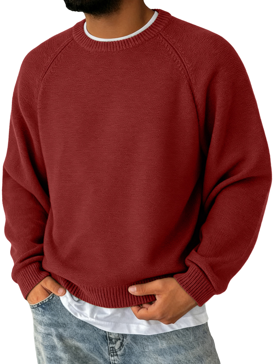 Herren Einfacher Rundhalsausschnitt Raglanärmel Freizeit Bequemer Pullover-deurabatt