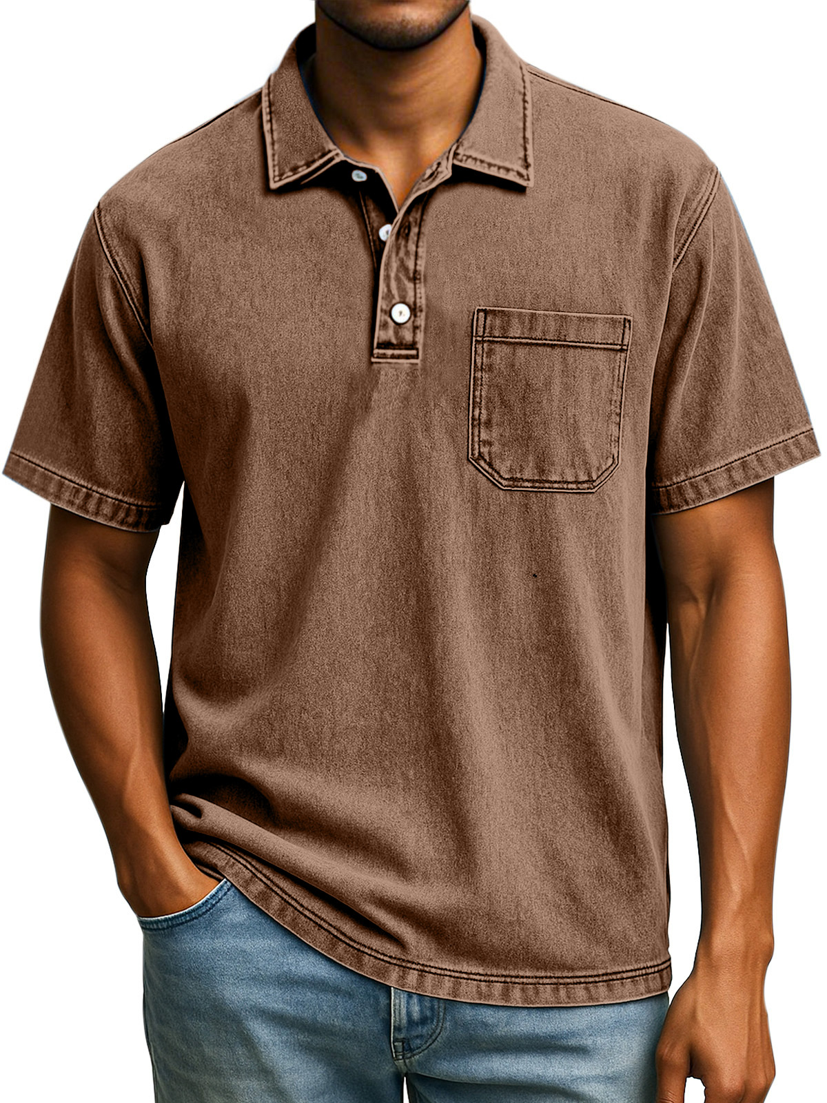 Herren Retro Einfarbig Bequem Locker Revers Knopf Kurzarm Polohemd-deurabatt